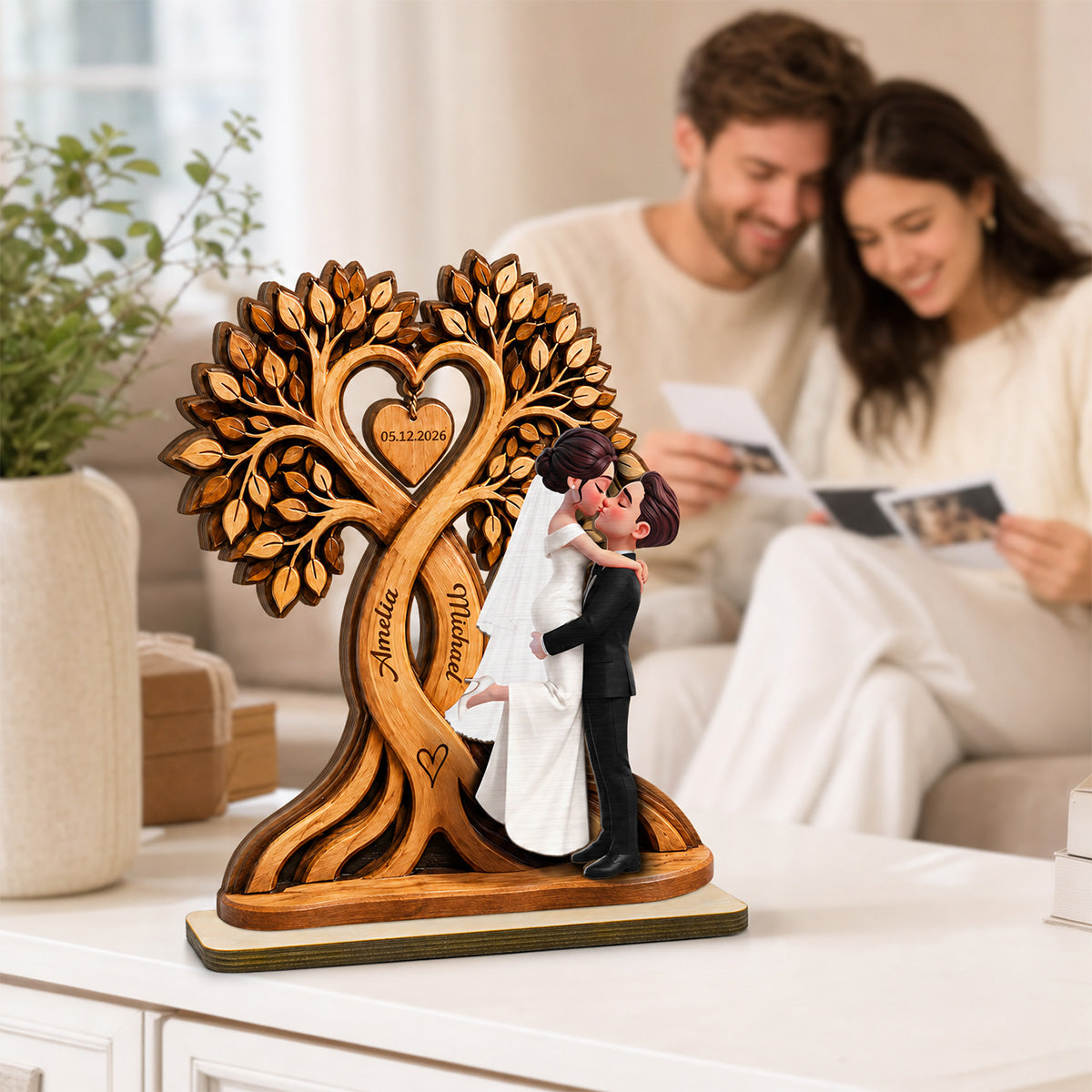 Wedding Couple Heart Tree - Personalized Wooden Plaque - Wedding Anniversary Gift, Rustic Wedding Gifts
