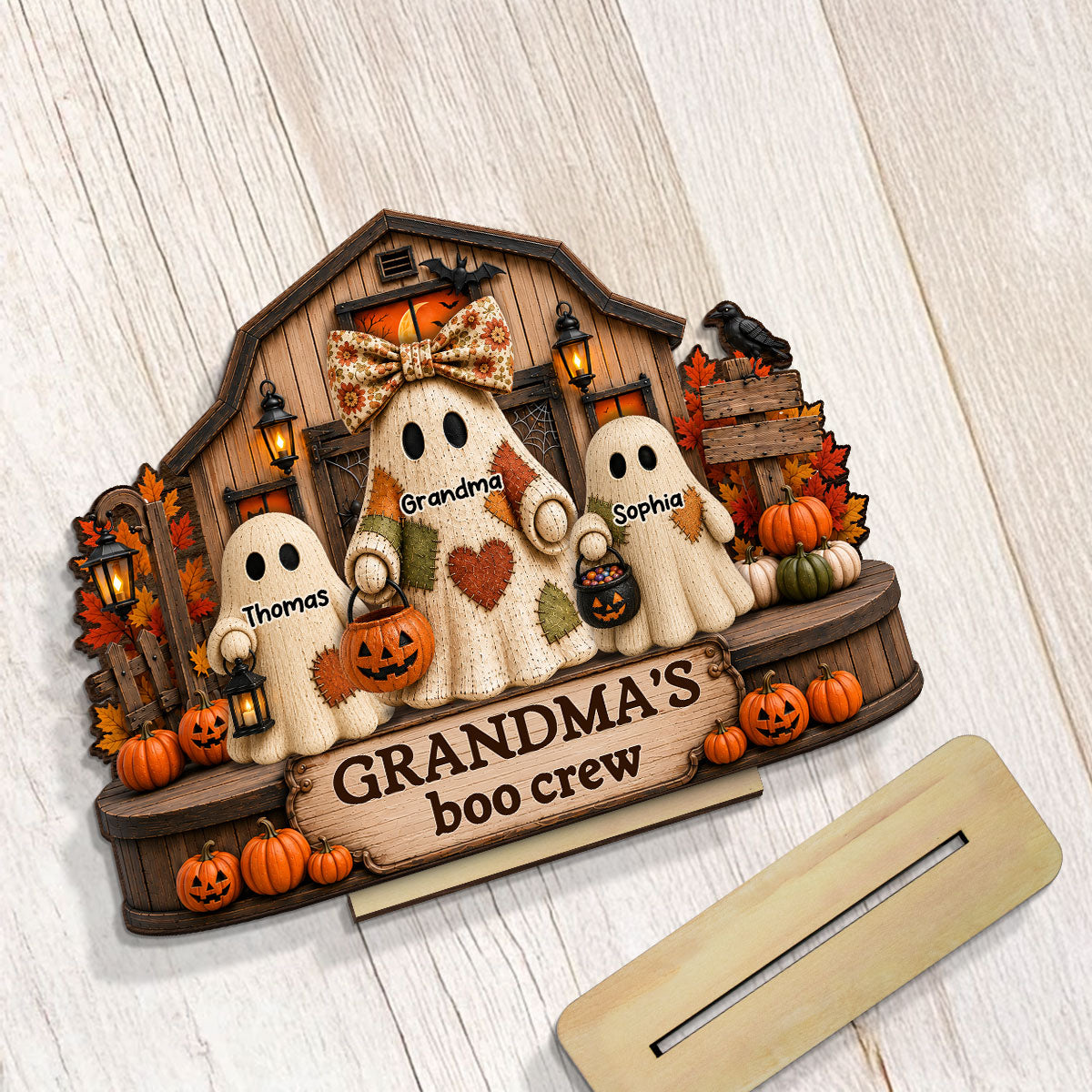 Fall Season Halloween Rustic Patchwork Style Grandma's Boo Crew - Personalized 2-Layered Wooden Plaque - Fall Halloween Decor For Grandma