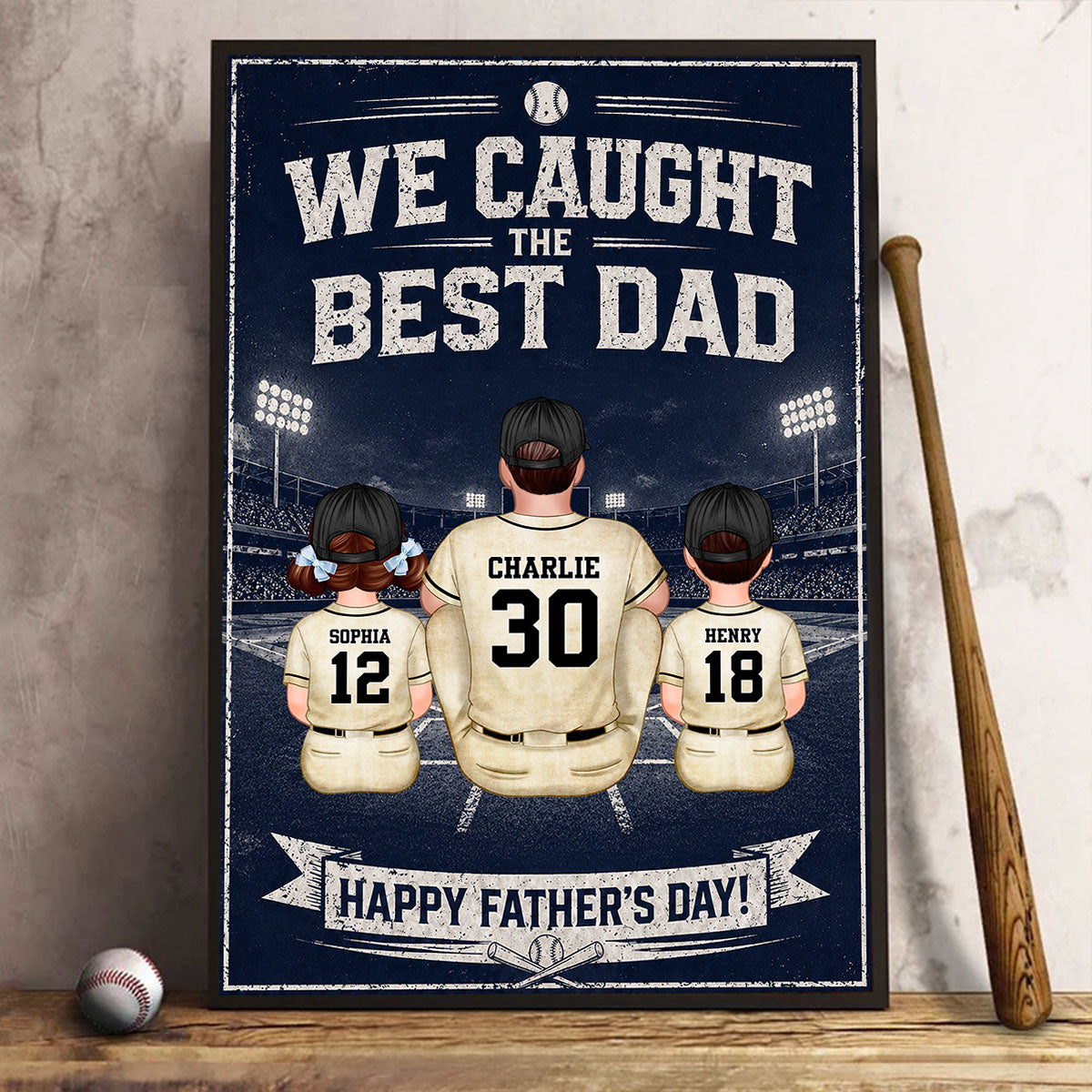 Retro Vintage Baseball Wall Art We Caught the Best Dad - Personalized Poster - Father's Day Gift for Dad, Husband