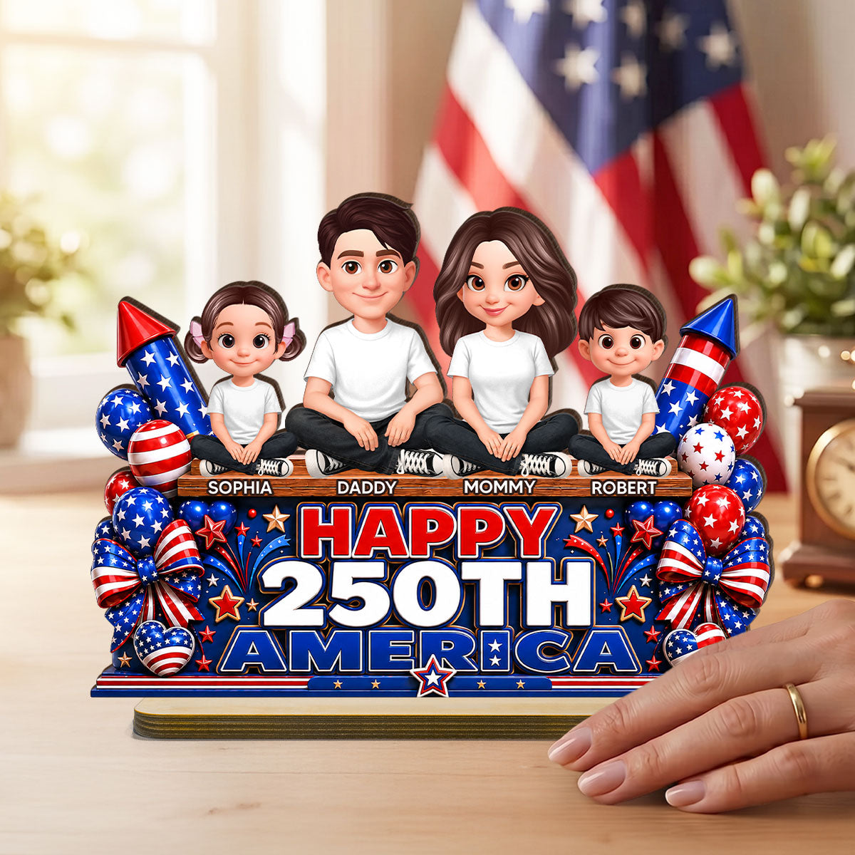 Proud Patriotic Family Happy 250th America Anniversary - Personalized 2-Layered Wooden Plaque - Gift For Family, 4th of July Decoration