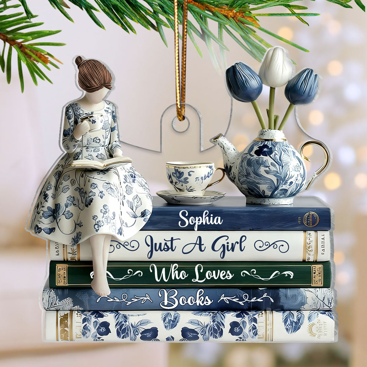 3D Effect Timeless Vintage Toile De Jouy Chinoiserie Pattern Girl Woman Reading Book - Personalized Acrylic Ornament - Gift For Book Lovers