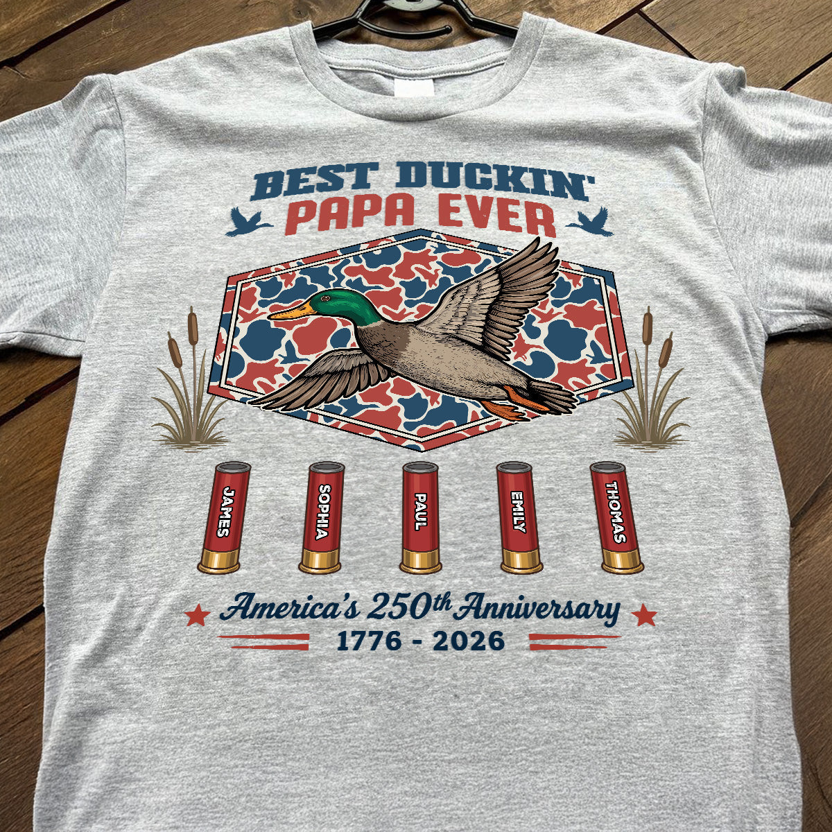 Best Duckin' Dad Grandpa Custom Kid Names - Personalized Shirt - American 250th Anniversary Gift For Patriotics Duck Hunting
