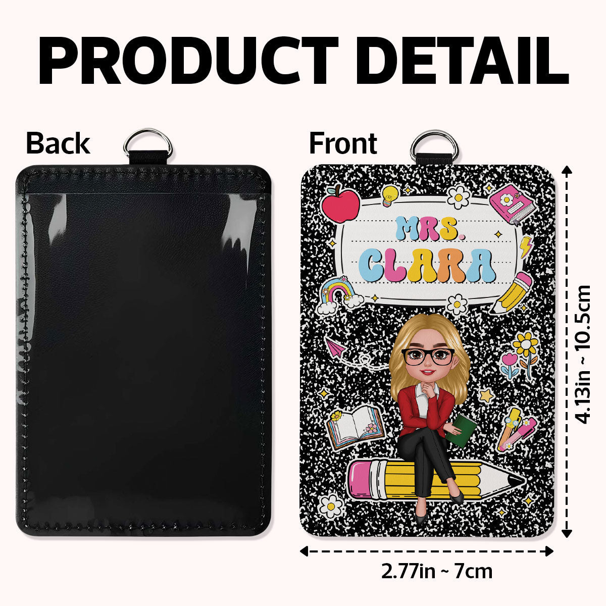 Composition Book Teacher Sitting On Pencil Name Personalized ID Badge Holder, Back To School Gift