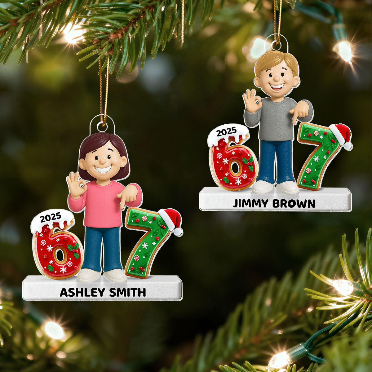 Teen Kid Custom Name Six Seven 3D Effect - Personalized Acrylic Ornament - 2025 Slang, Funny Teen Grandkid, Gen Alpha Christmas Gift