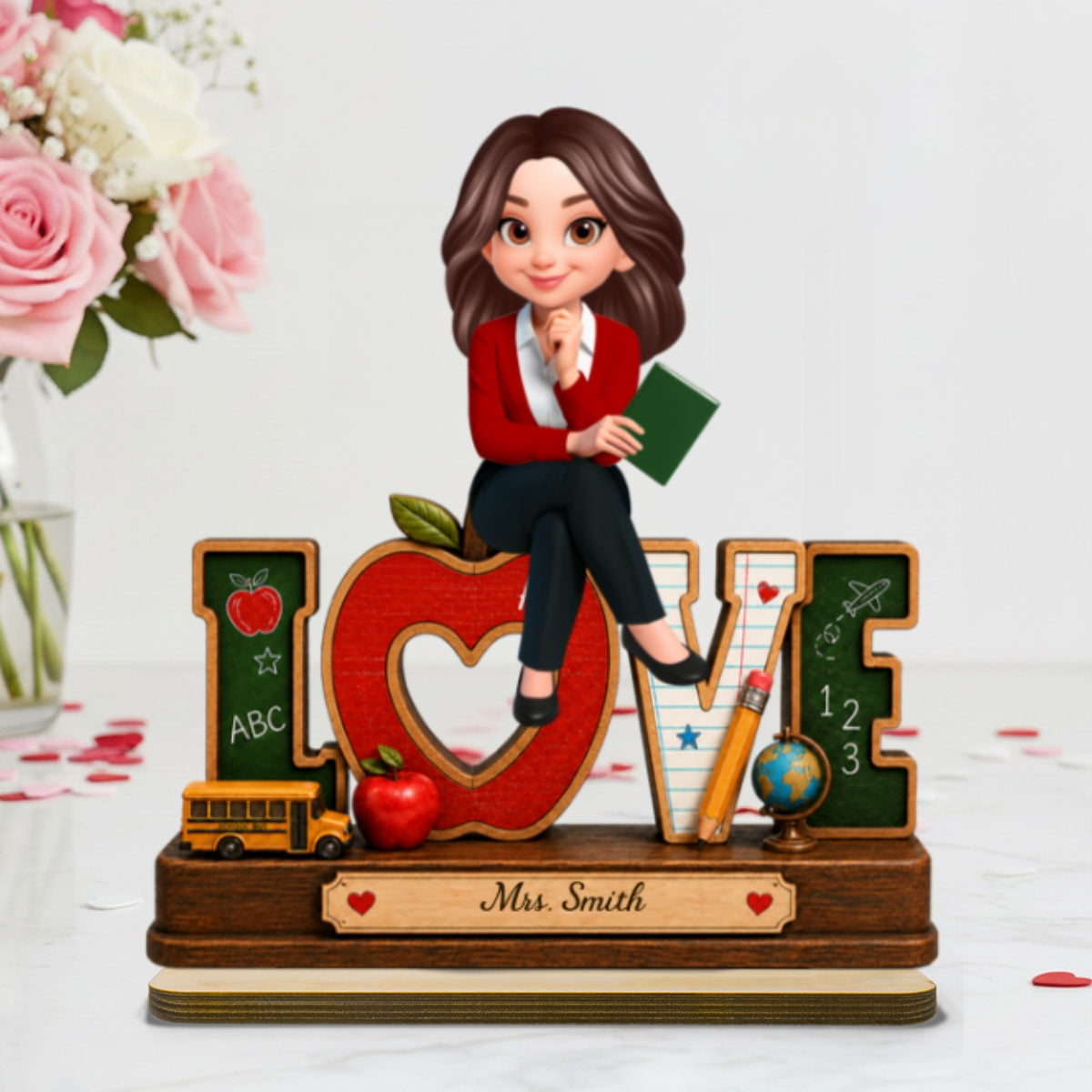 Love Pretty Teacher - Personalized 2-Layered Wooden Plaque - Back To School Gift For Teacher, Office Decor