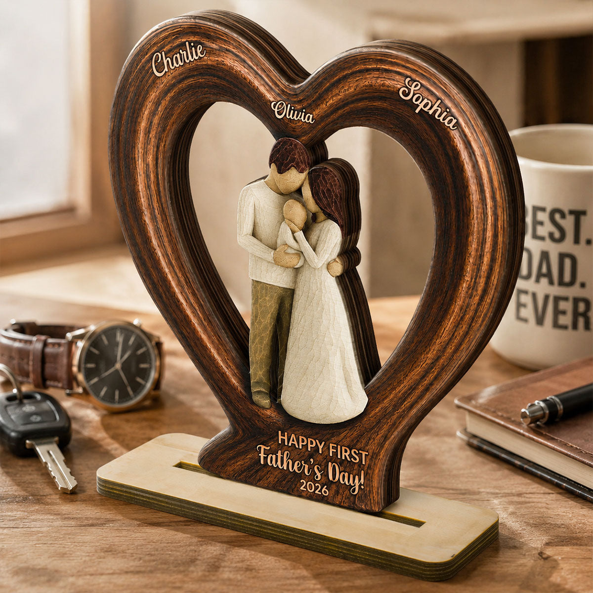 Happy First  Dad From Mom And Baby 2D Flat Heart - Personalized 2-Layered Wooden Plaque - Heartfelt  Gift For Husband, New Dad