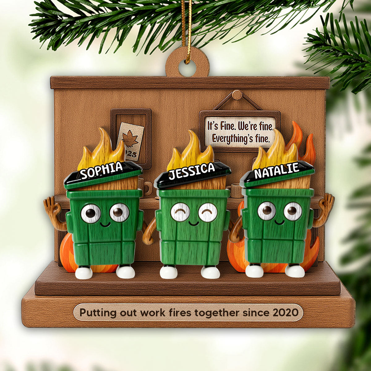 3D Effect Dumpster Fires In Office Scene - Personalized Wooden Ornament - Funny Gift For Colleagues, Work Besties