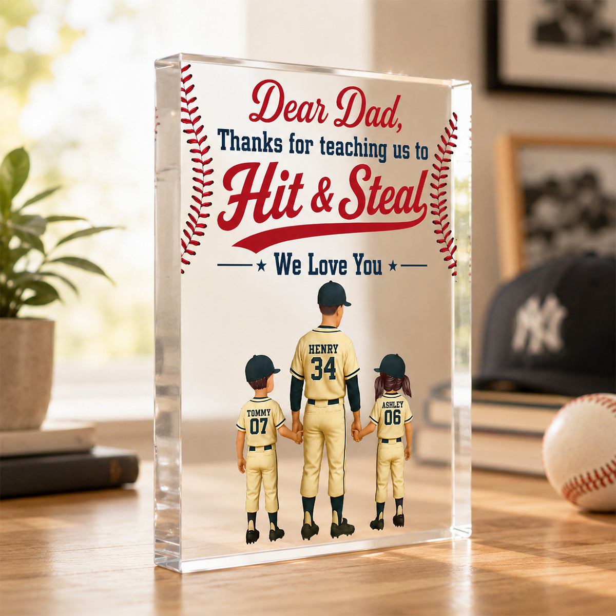 Thank You For Teaching Us To Hit & Steal Baseball Dad & Kids - Personalized Acrylic Block Plaque -  Gift For Dad, Husband