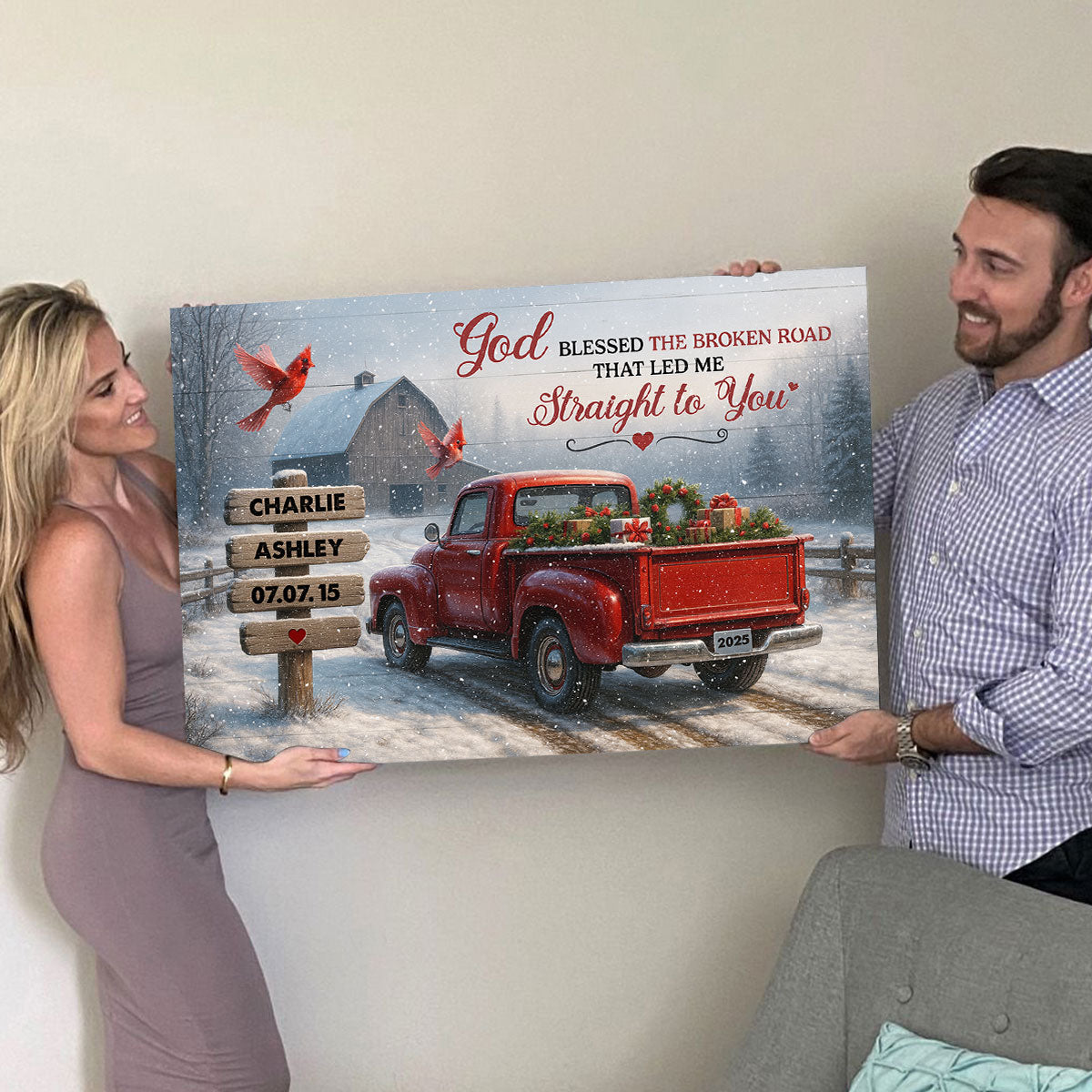 God Bless the Broke Road That Led Me Straight to You - Personalized Poster - Couple Christmas Name Sign, Christmas Home Decor