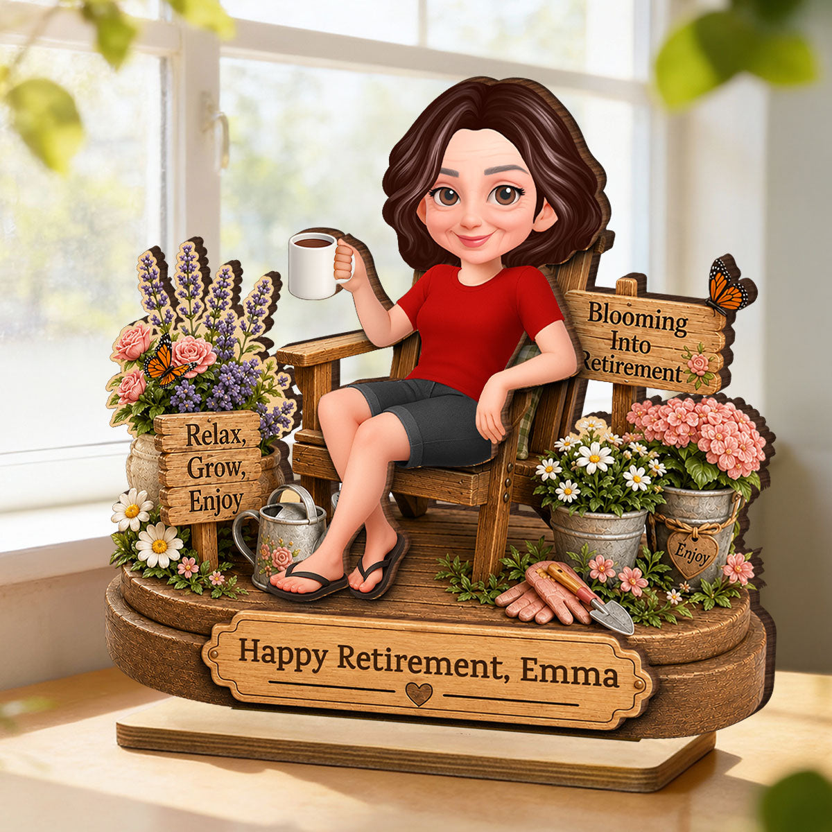 Blooming into Retirement - Personalized 2-Layered Wooden Plaque - Retirement Gift for Grandma, Mom, Wife