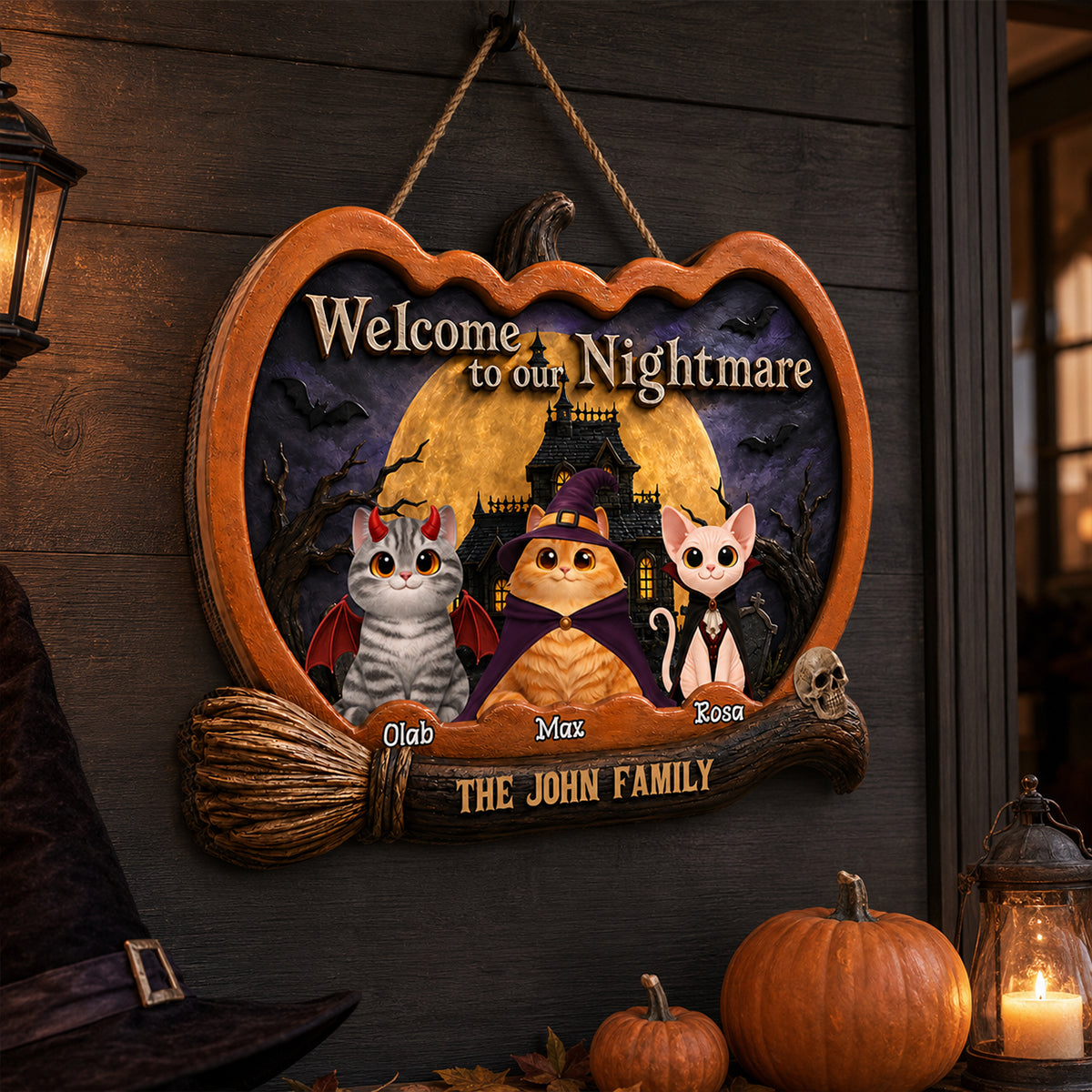 Welcome To Our Nightmare Cat Halloween - Personalized Door Sign - Halloween Decor Gift, Gift For Cat Lovers