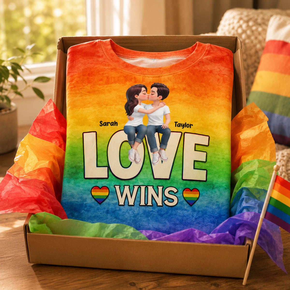LGBT+ Watercolor Flag Couple Love Is Love - Personalized Shirt - Matching Shirts For Couple, Happy Pride Month