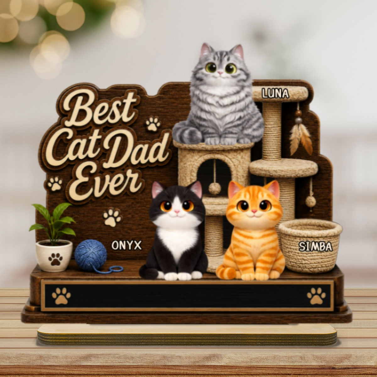 Best Cat Dad Ever Cute Cats On Cat Tree 2D Flat - Personalized 2-Layered Wooden Plaque -  Gift For Cat Dad