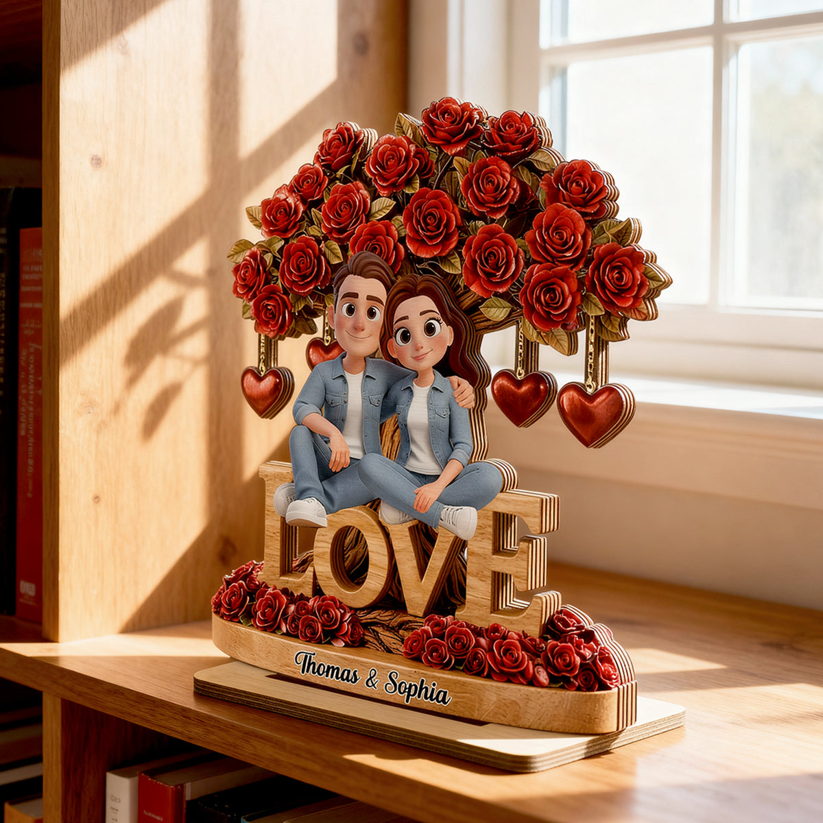 Couple Love Rose Tree Valentine's Day - Personalized 2-Layered Wooden Plaque - Sentimental Gift for Her, for Him