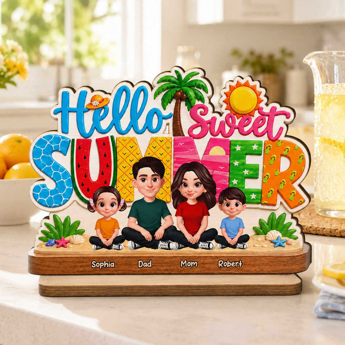 Hello Summer Vibe Family Grandpa Grandma Dad Mom Kids - Personalized 2-Layered Wooden Plaque - Gift For Family, Grandparents, Summer Decoration
