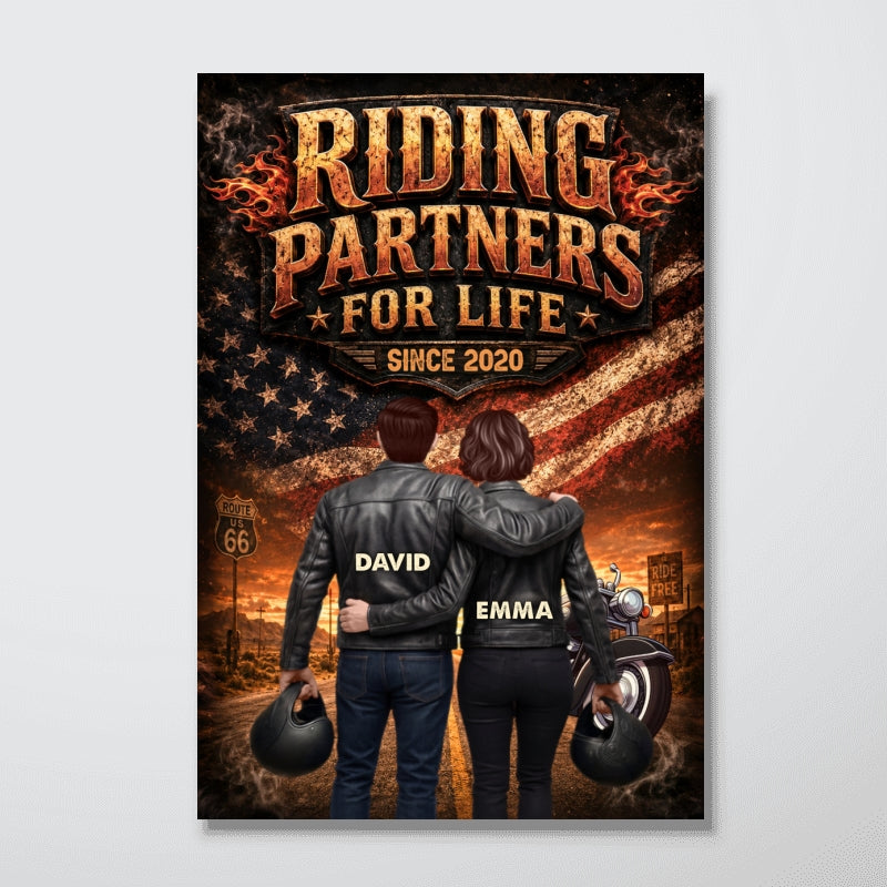Bikers Couple Riding Partners for Life Nation Flag - Personalized Poster - Heartfelt Gift for Him, for Her