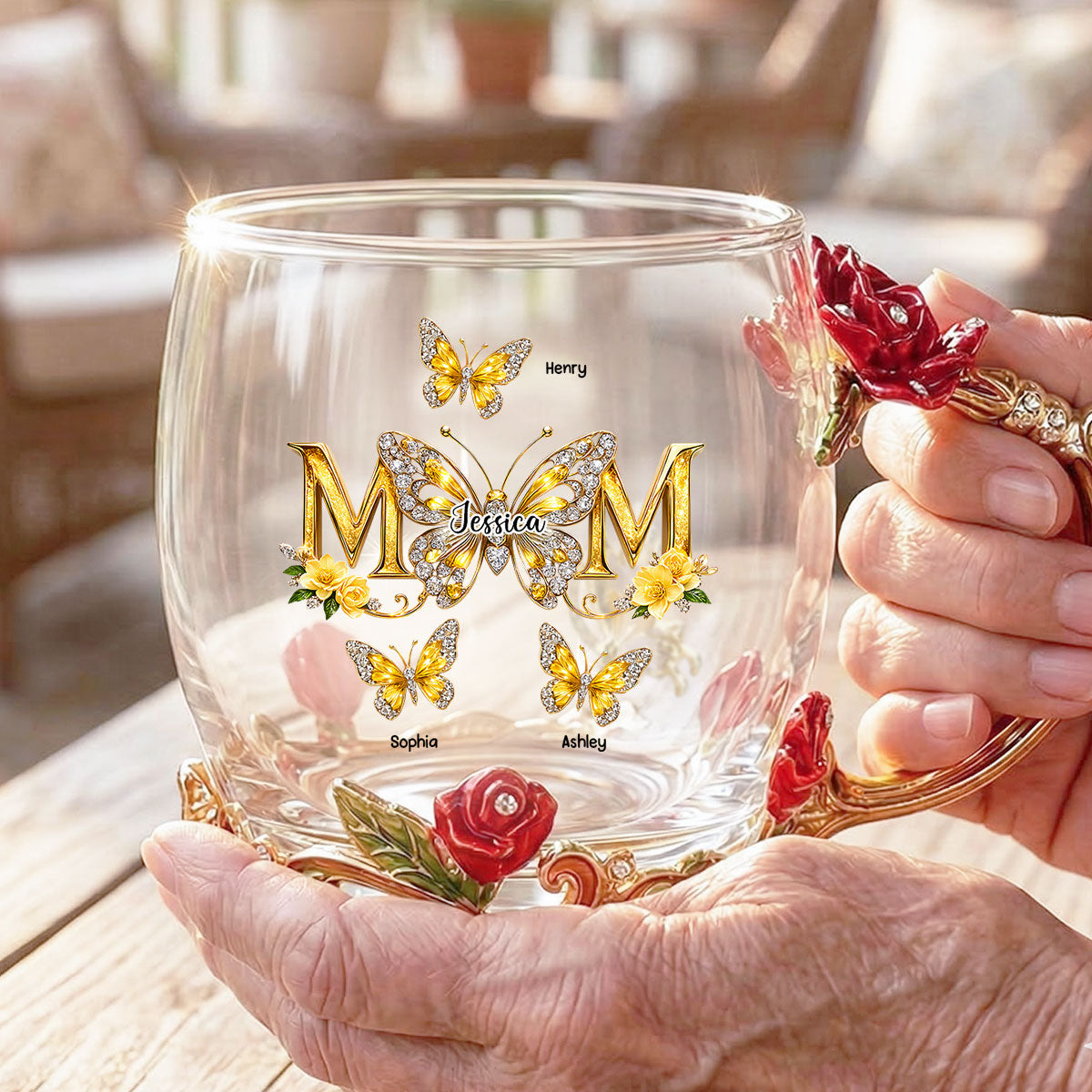 Mom And Children Butterflies - Personalized Enamel Flower Tea Cup - Gift For Mom
