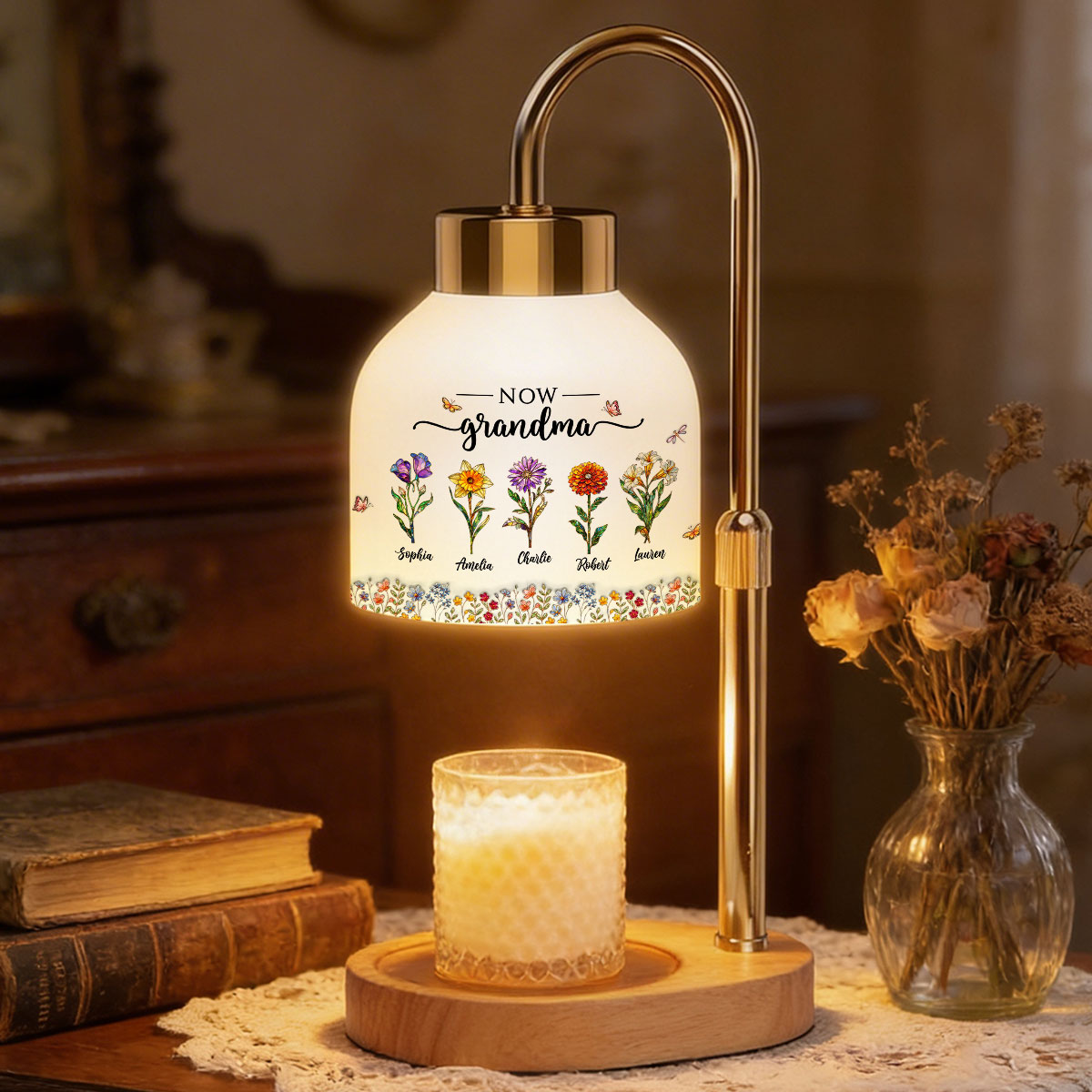 First Mom Now Grandma Custom Birth Flower - Personalized Candle Warmer Lamp - Heartfelt Mother's Day Gift for Grandma, Mom, Wife