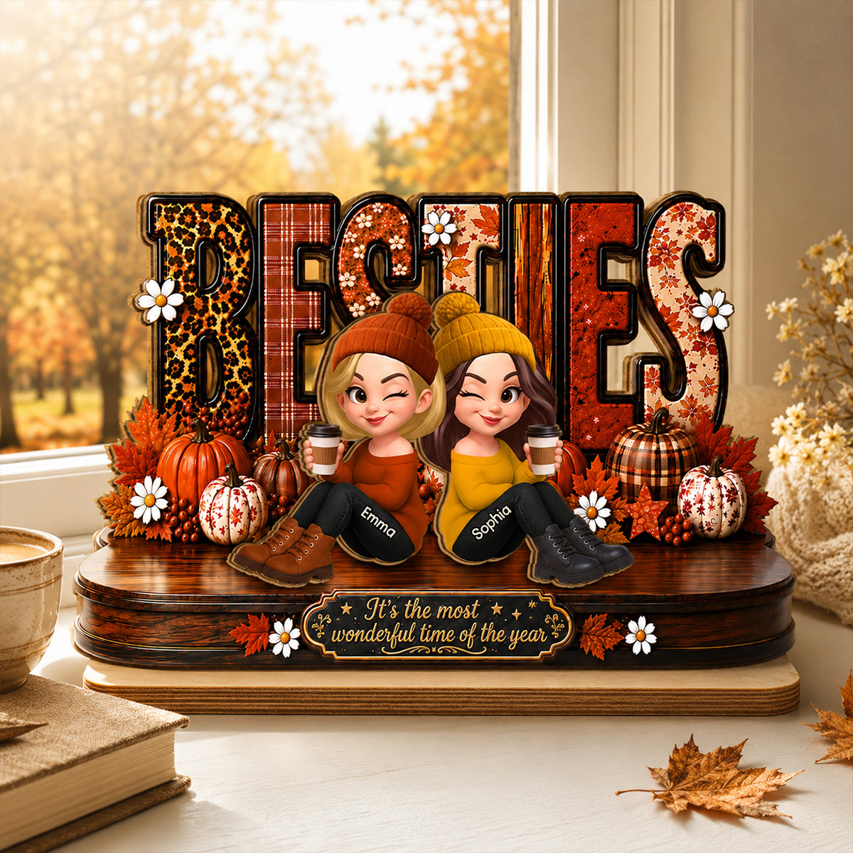 It's The Most Wonderful Time Of The Year Besties - Personalized 2-Layered Wooden Plaque - Fall Season Gift For Besties