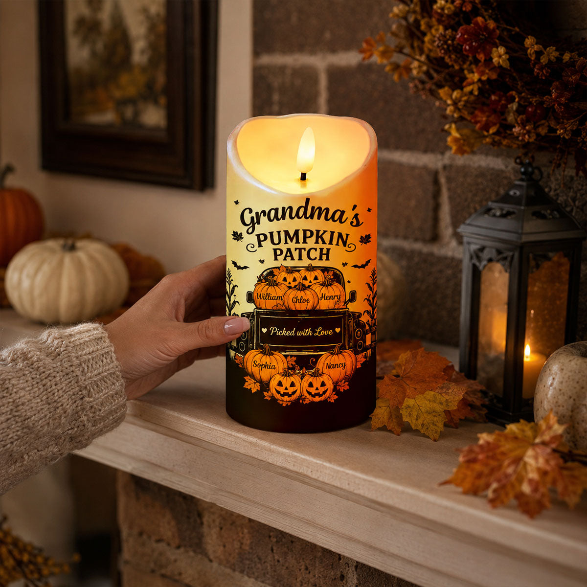 Grandma's Pumpkin Patch Jack-o'-lantern Pumpkins Truck - Personalized LED Candle - Perfect Halloween Decor For Grandma