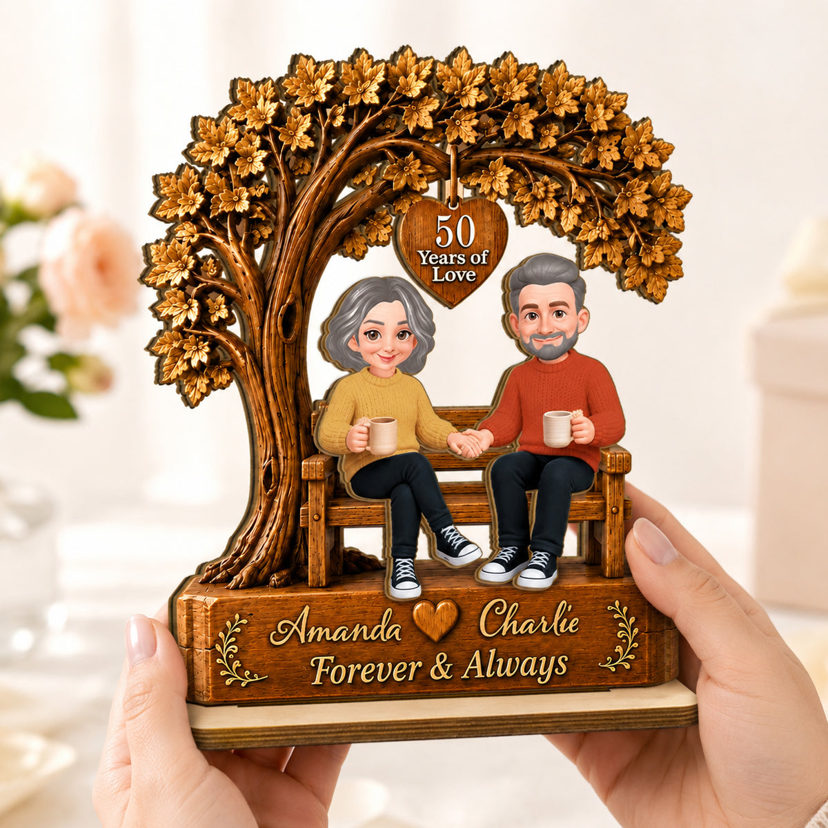Couple Sitting Under Tree - Personalized 2-Layered Wooden Plaque - Golden Couple Keepsake, Anniversary Gift for Her, for Him