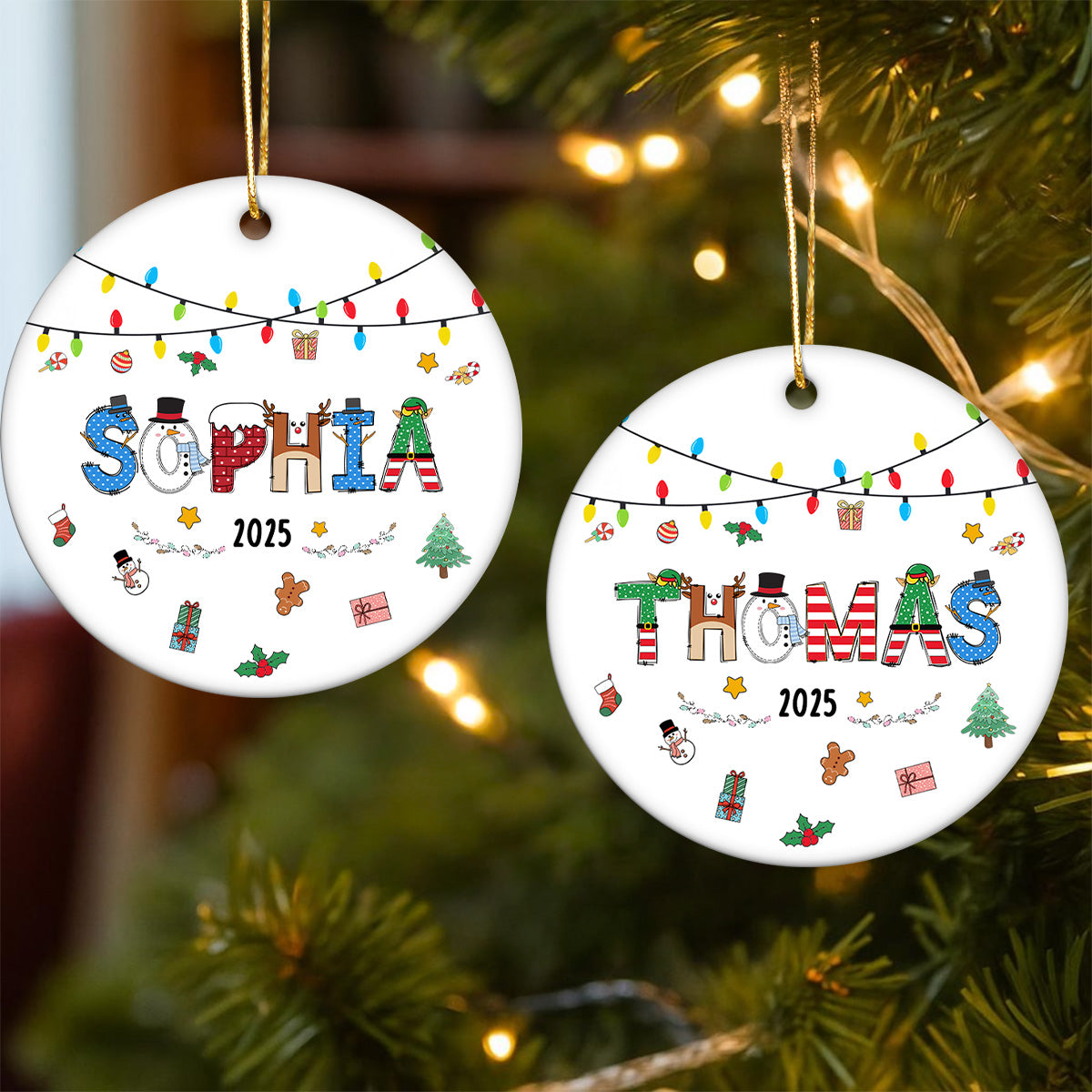 Christmas Theme Kid Name Christmas - Personalized Ceramic Ornament - Gift For Grandchildren, Boy, Girl