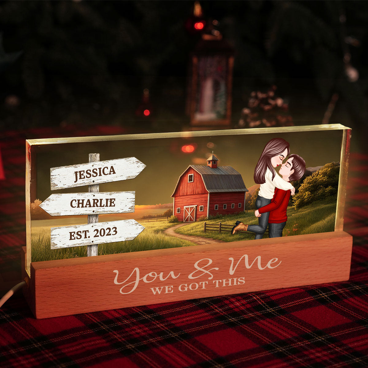 Rustic Nostalgia Red Barn House Sign Posts Couple Hugging Kissing Farmhouse Decor - Personalized Acrylic Block Plaque LED Night Light - Heartfelt Valentine, Anniversary Gift For Him, For Her