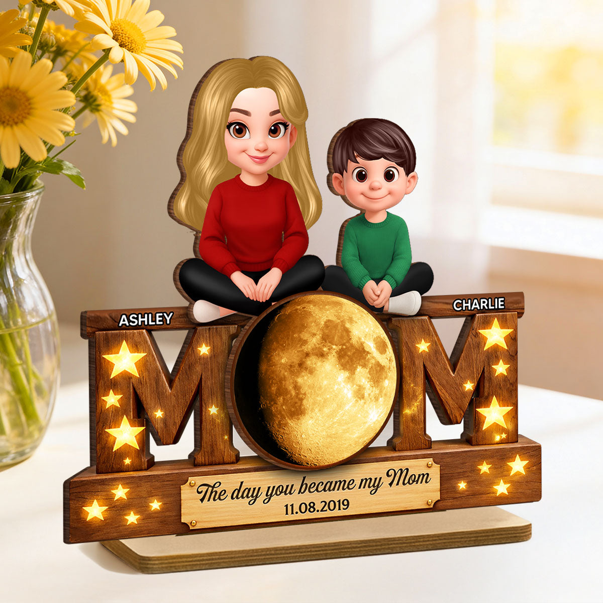 The Day You Became My Mom Custom Moon Phase - Personalized 2-Layered Wooden Plaque - Heartfelt Gift For Mom, Grandma