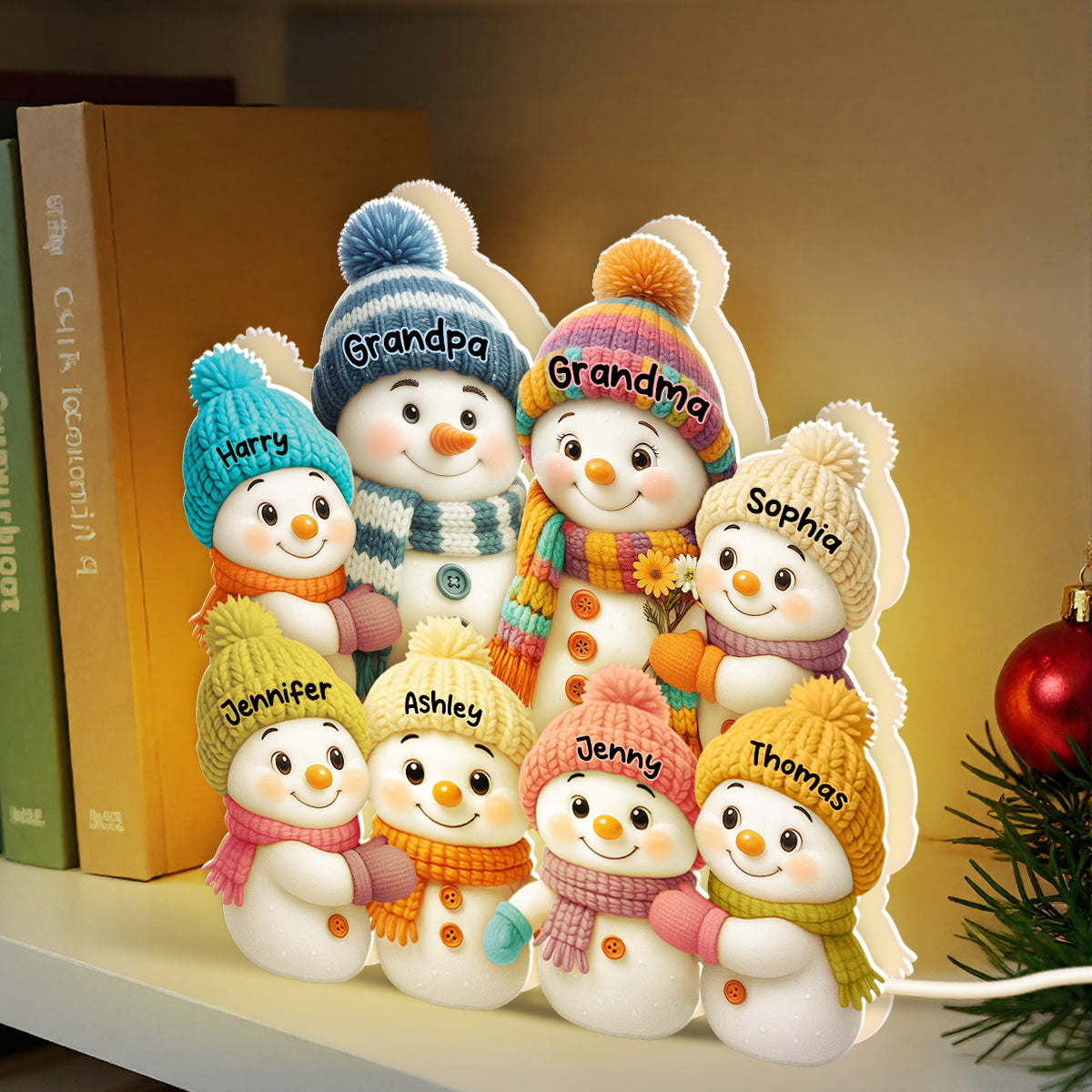 3D Effect Snowman Grandma, Grandpa, Grandparents and Grandkids Personalized Light Box - Christmas Gift for Family, Grandma, Grandpa