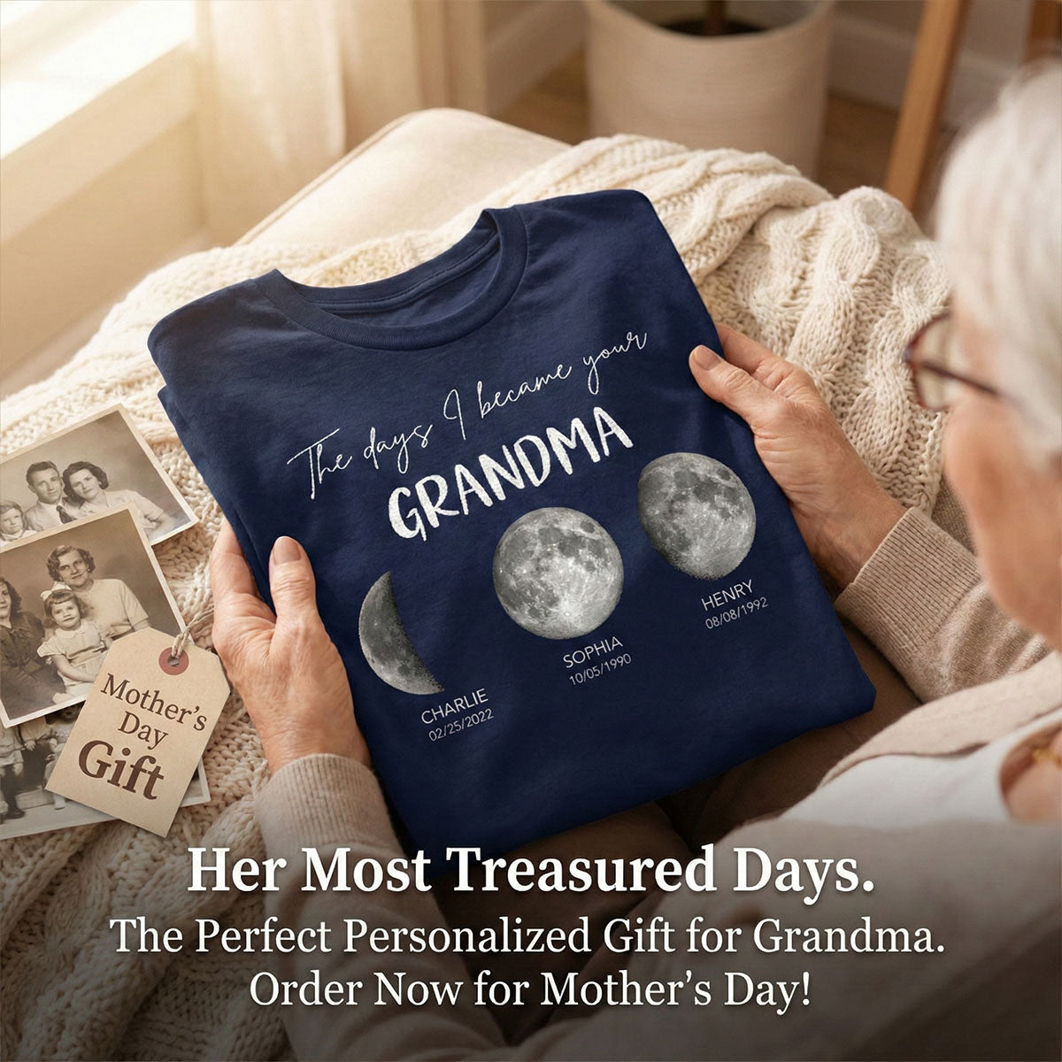 The Days I Became A Grandma Custom Grandkids Birth Moon Phase - Personalized Shirt - Mother's Day Gift For Grandma