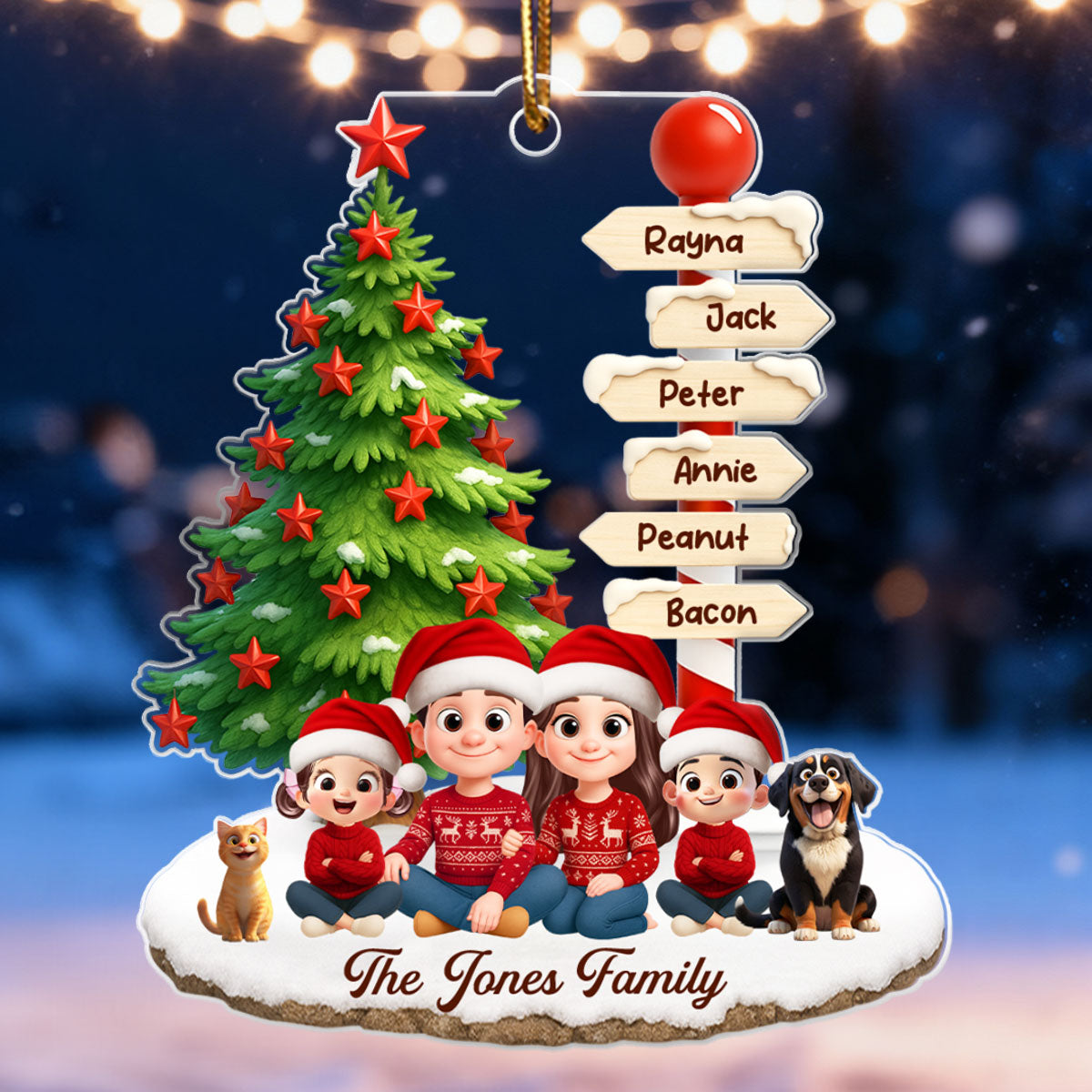 Family Sitting Together Custom Name Sign Post - Personalized Acrylic Ornament - Christmas Gift for Family
