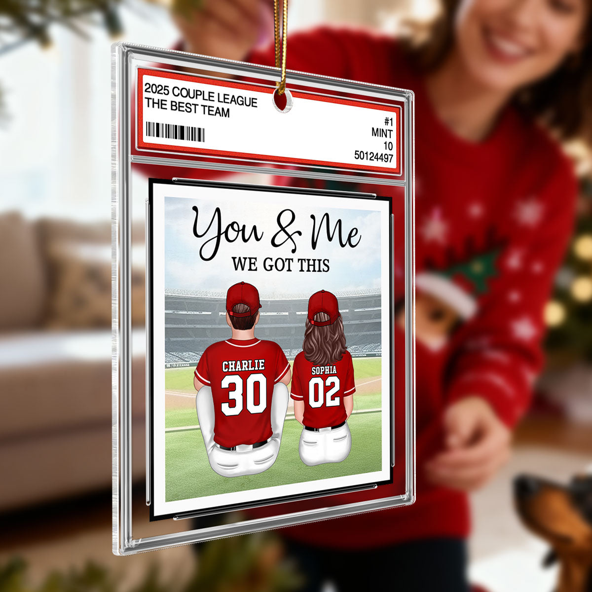 Baseball Couple Sitting Back View Trading Card Style - Personalized Acrylic Ornament