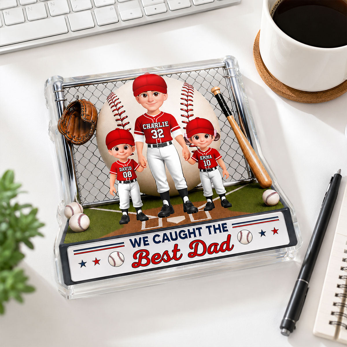 Baseball Dad And Kids We Caught The Best Dad - Personalized Acrylic Block Plaque -  Gift For Dad, Husband