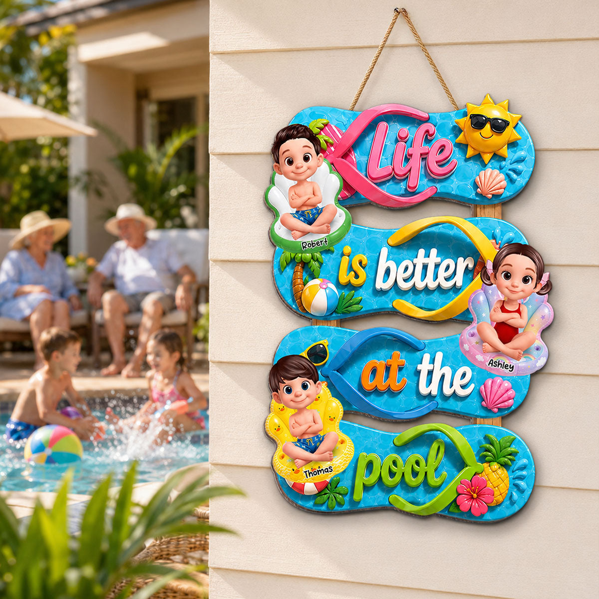 Flip Flop Life Is Better At Pool - Personalized Wood Sign - Gift For Grandparents, Summer Outdoor Pool, Porch, Patio, Bar Decoration