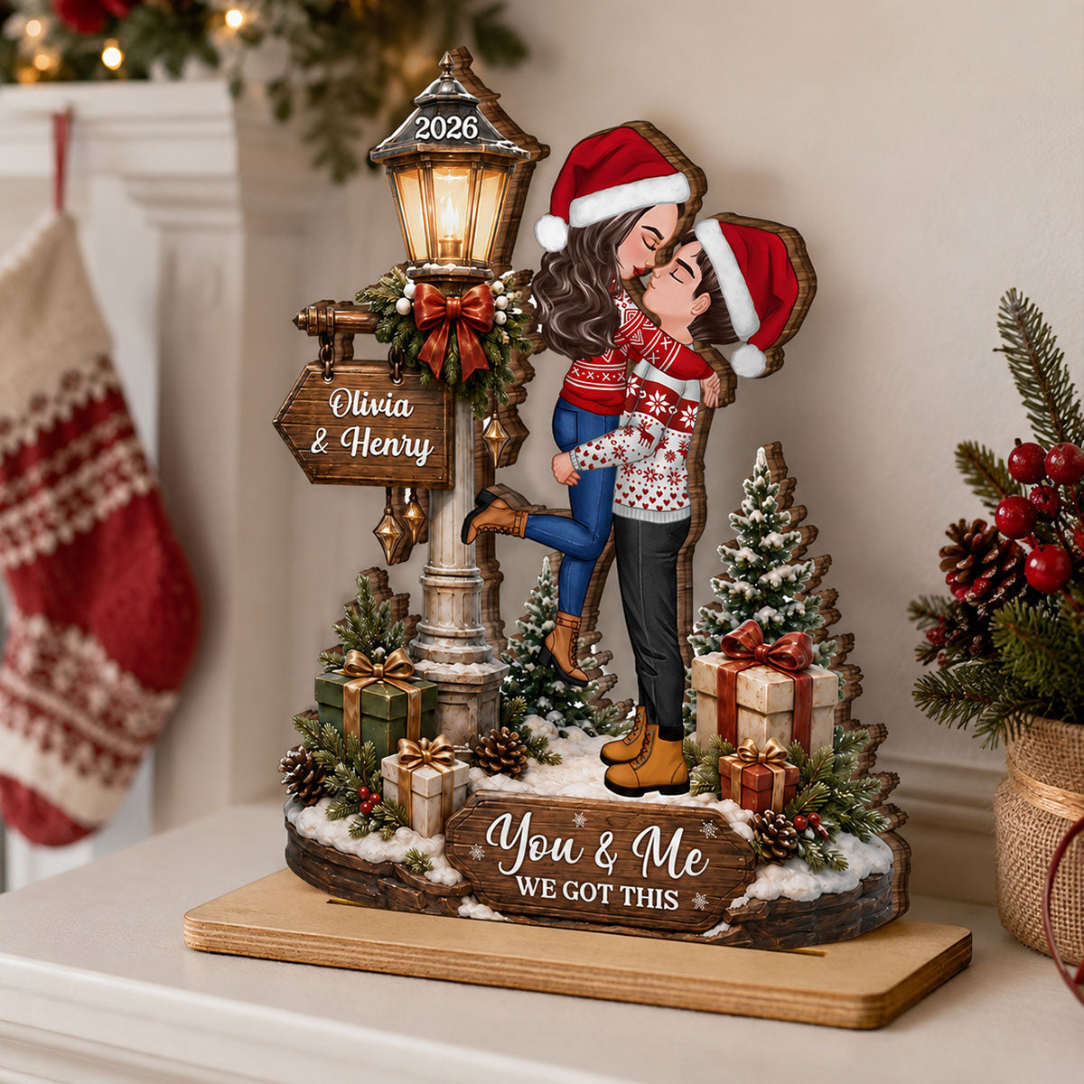 Couple Kissing Under Lamp Post - Personalized 2-Layered Wooden Plaque - Christmas Decor, Gift for Her, Gift for Him