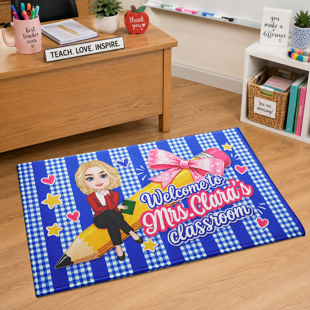 Welcome to Teacher's Classroom Pencil Bow - Personalized Doormat - Back to School Decor for Teacher