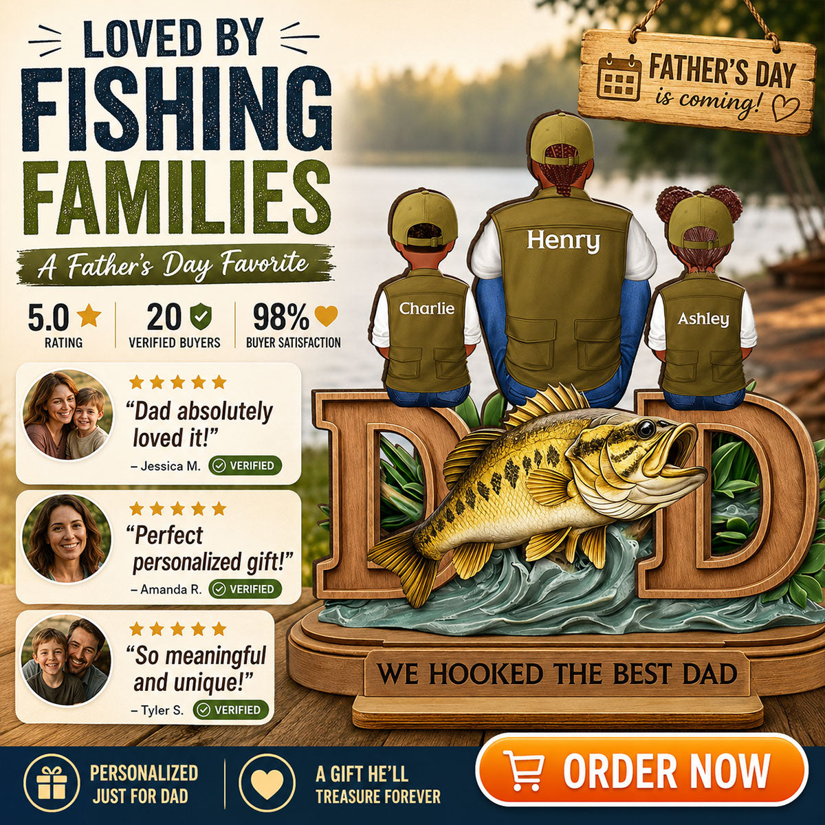Fishing Dad And Kids Sitting Together - Personalized 2-Layered Wooden Plaque - Heartfelt Gift For Dad, Gift For Husband