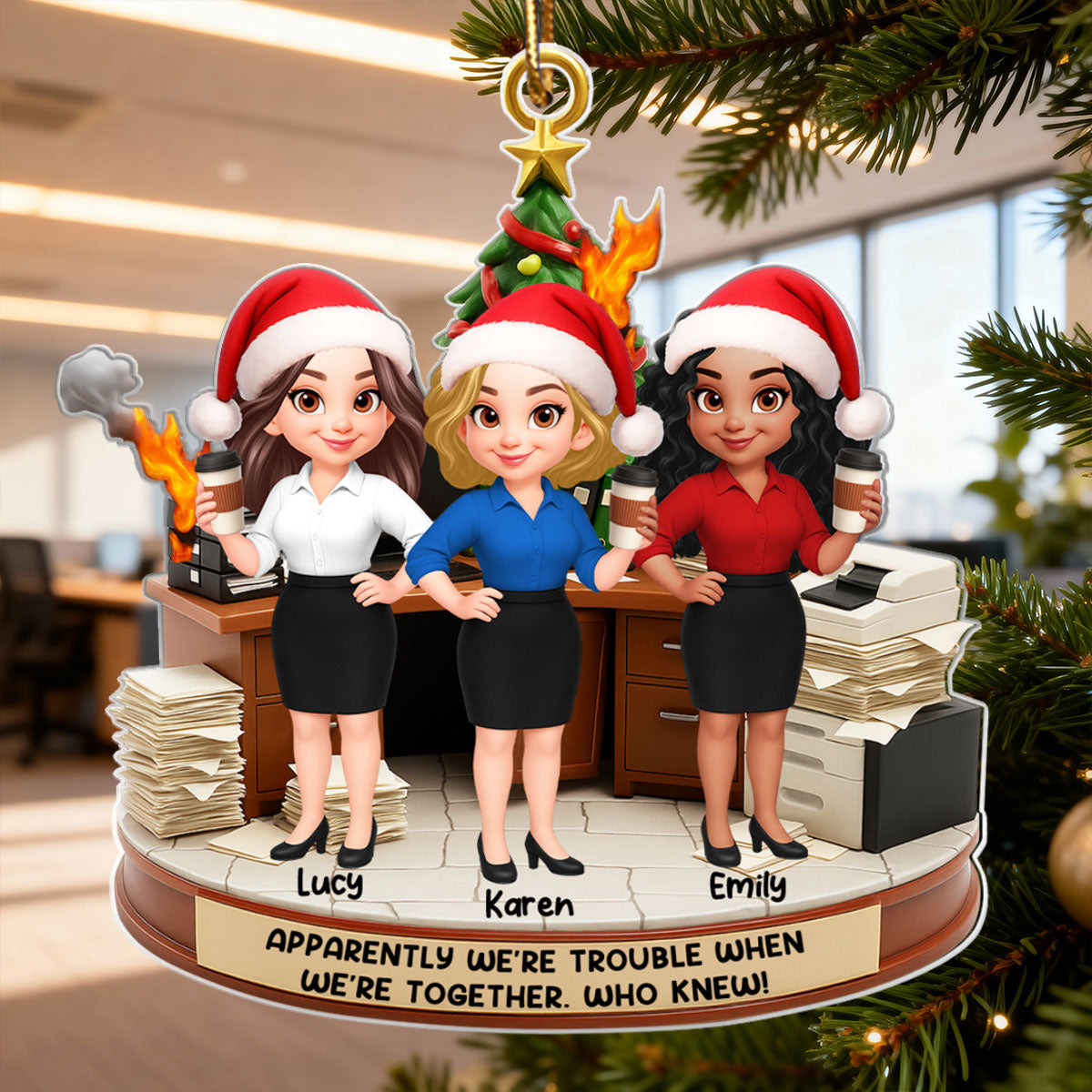 Office Chaos Funny Coworkers Trouble Together - Personalized Acrylic Ornament - Custom Employee Gift Exchange, White Elephant Gift