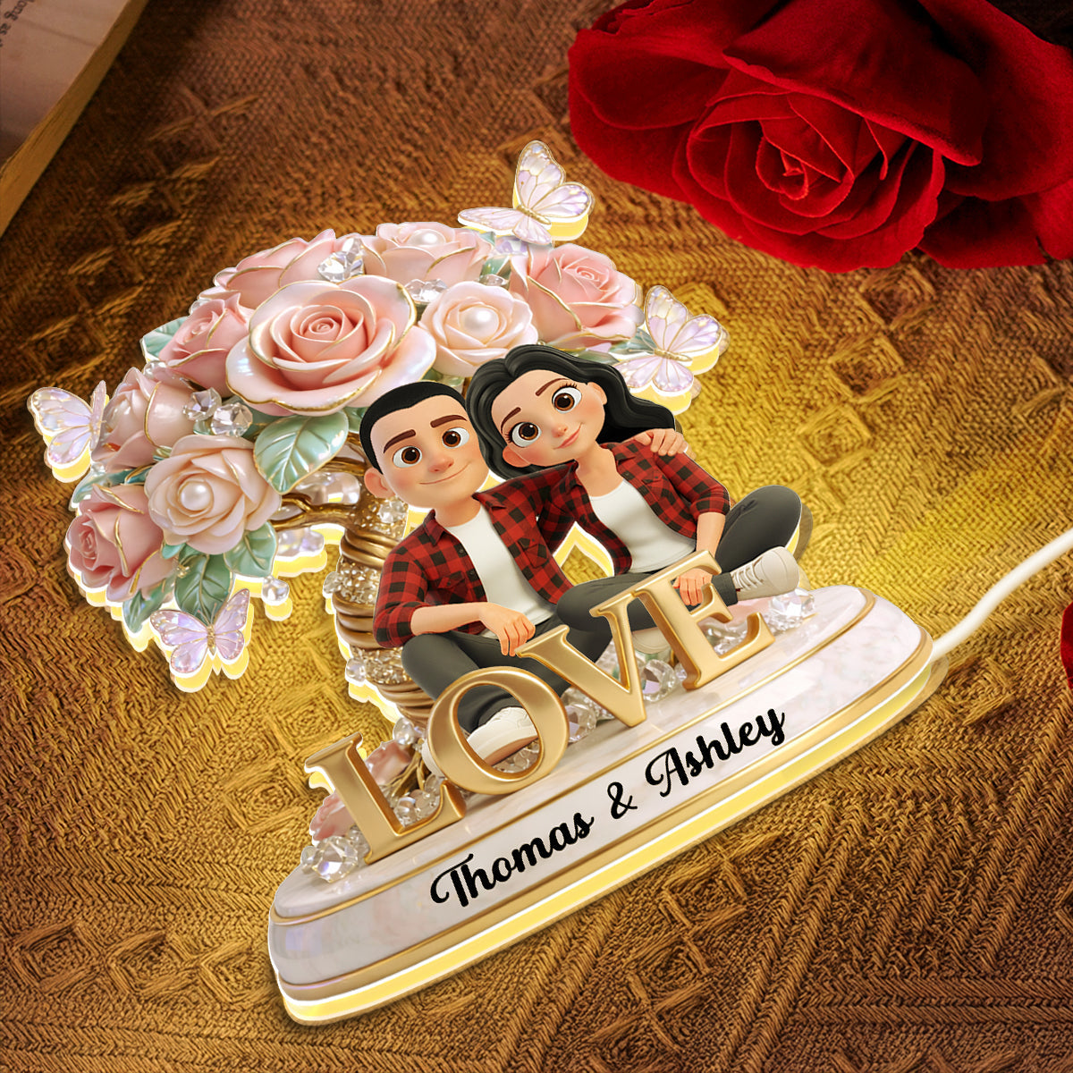 Pink Rose Couple Sitting on LOVE - Personalized Light Box - Heartfelt Valentine's Day Gift for Her, for Him