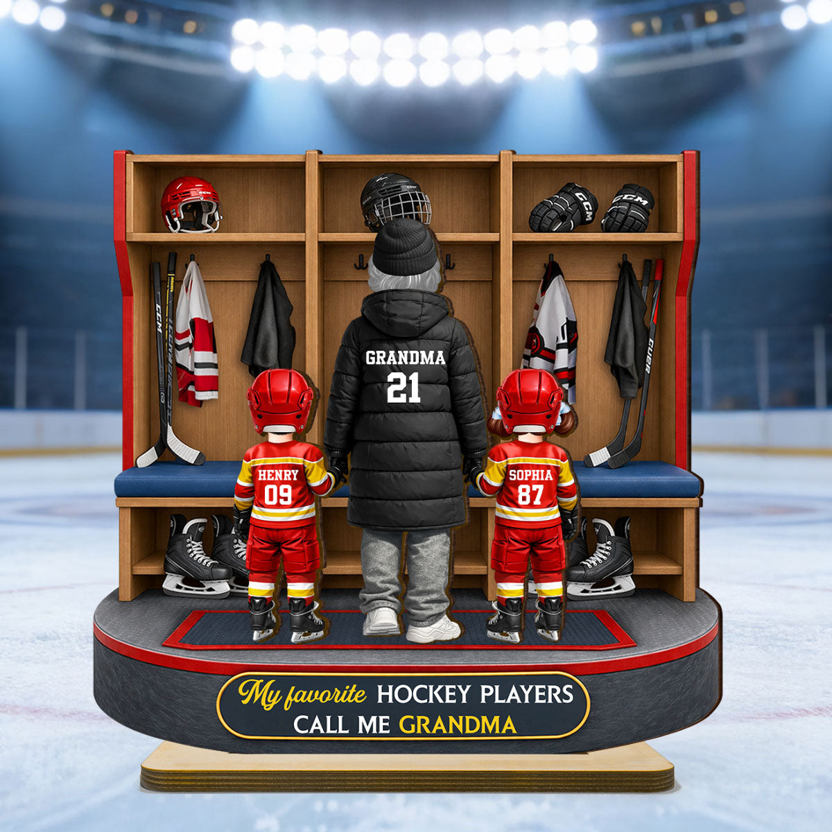 Hockey Grandma And Kids Locker Room - Personalized 2-Layered Wooden Plaque - Heartfelt Gift For Grandma
