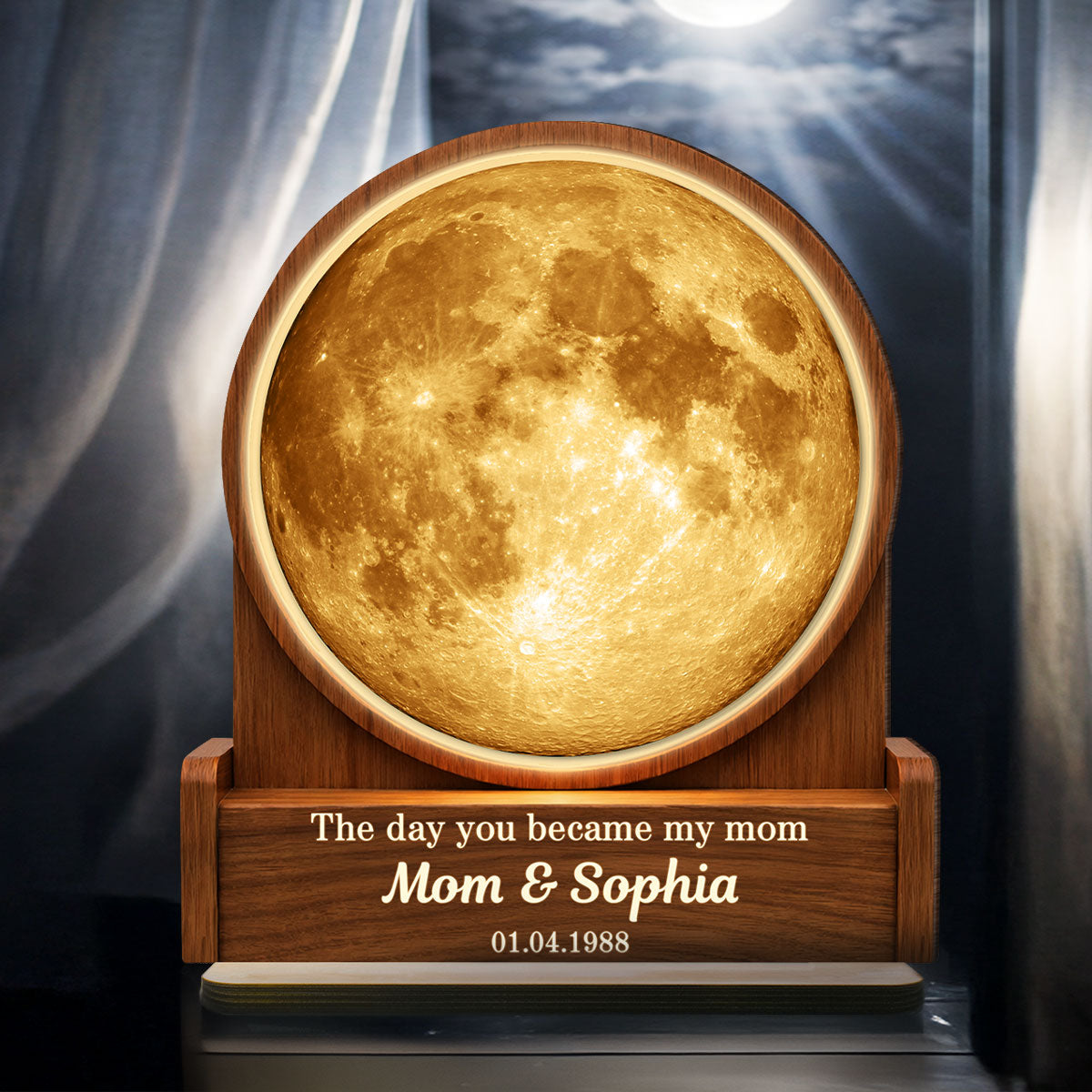 The Day You Became My Mom Custom Moon Phase by Date - Personalized 2-Layered Wooden Plaque - Heartfelt Gift for Mom