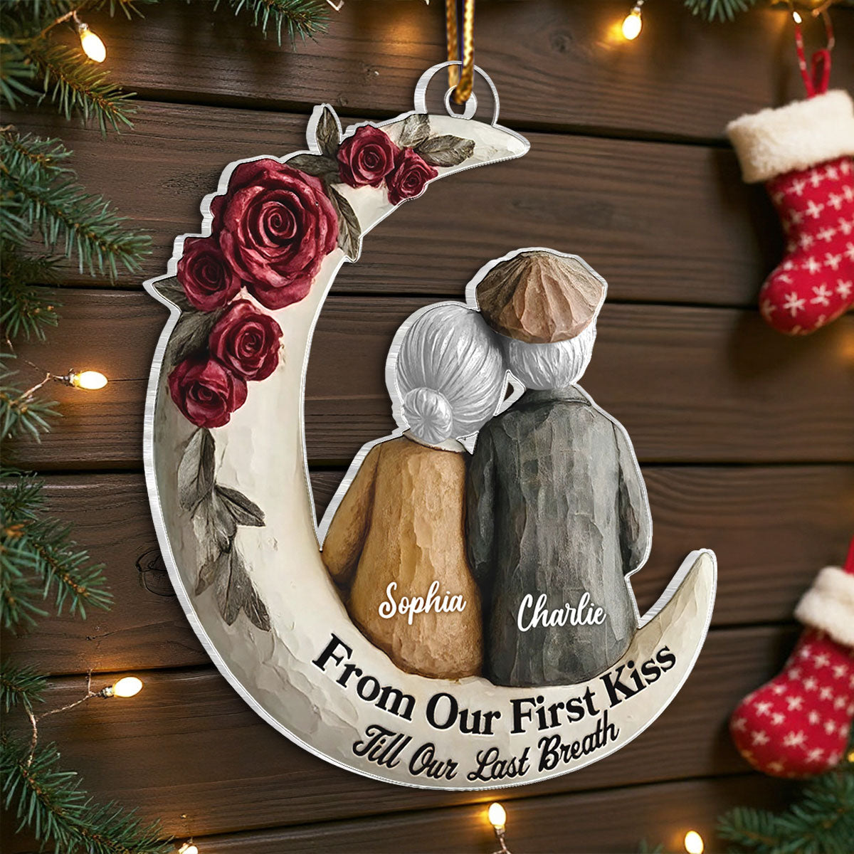 Couple On The Moon Faux Wood - Personalized Acrylic Ornament - Heartwarming Christmas Gift For Him, For Her, For Couple