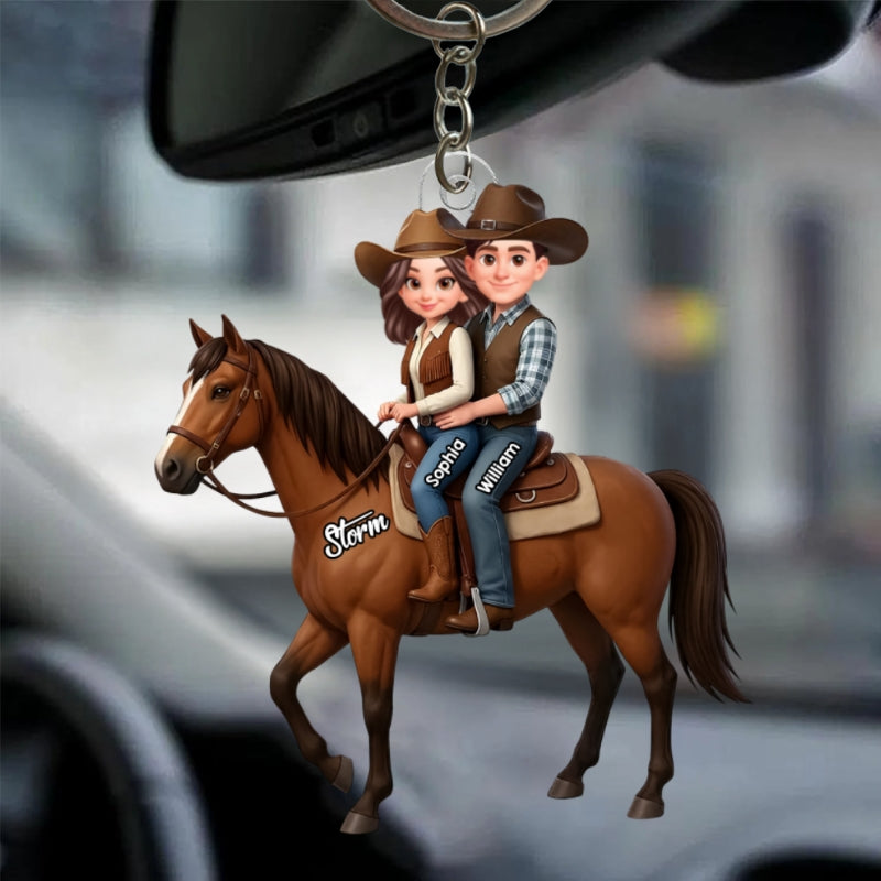 3D Effect Couple And Their Horse - Personalized Acrylic Car Hanger - Valentine's Gift For Couple, For Horse Lovers