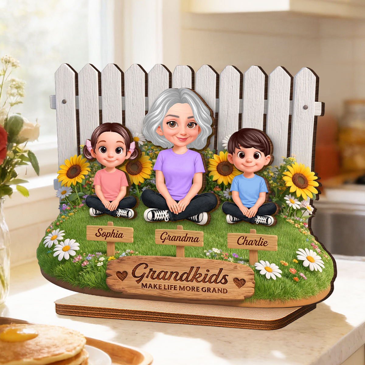 Together by the Fence Grandma Grandkids - Personalized 2-Layered Wooden Plaque - Gift For Grandma