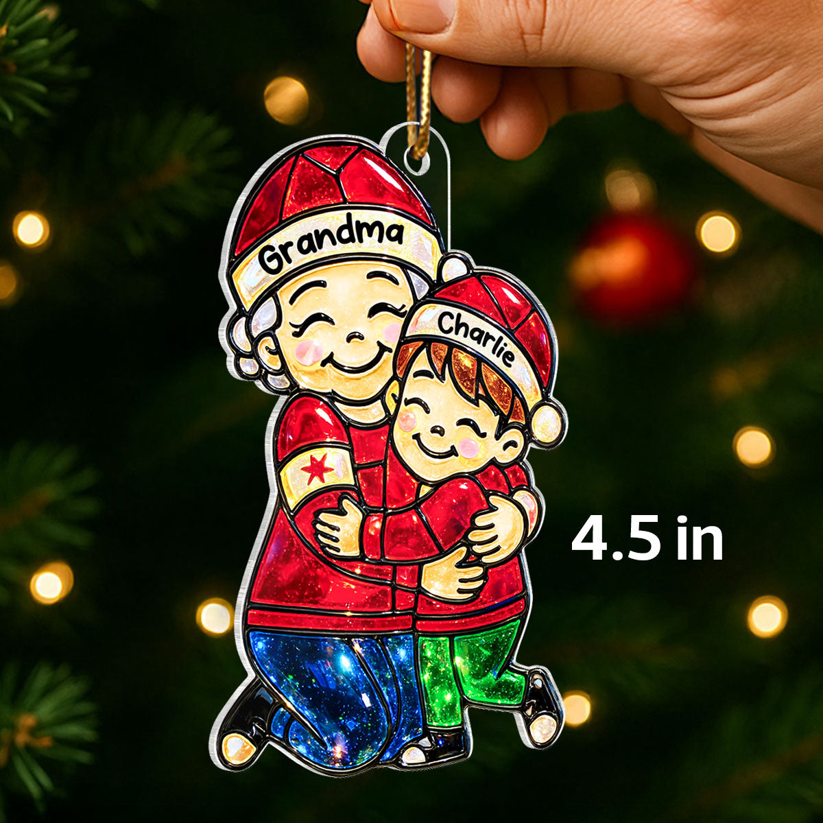 Grandma Hugging Grandkids Stained Glass Pattern - Personalized Acrylic Ornament - Heartwarming Christmas Gift For Grandma, Granddaughter, Grandson