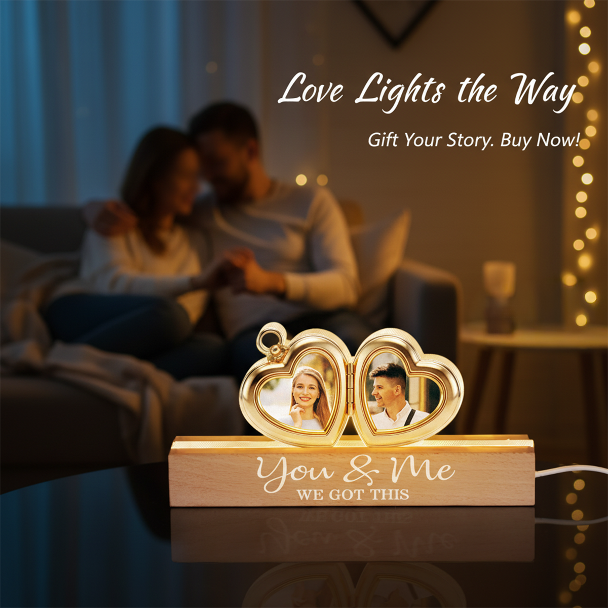 Hearts Locket Couple Photo - Personalized Acrylic Block Plaque LED Night Light - Valentine's Day Gift For Couple