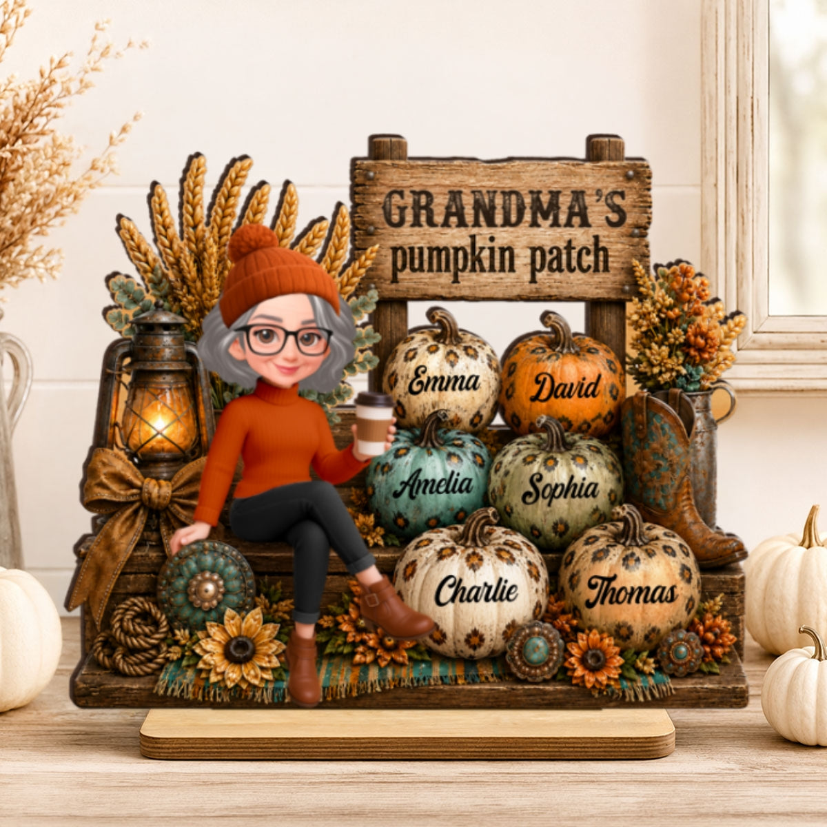 Grandma Pumpkin Patch Western Fall Vibe - Personalized 2-Layered Wooden Plaque - Fall Gift for Grandma