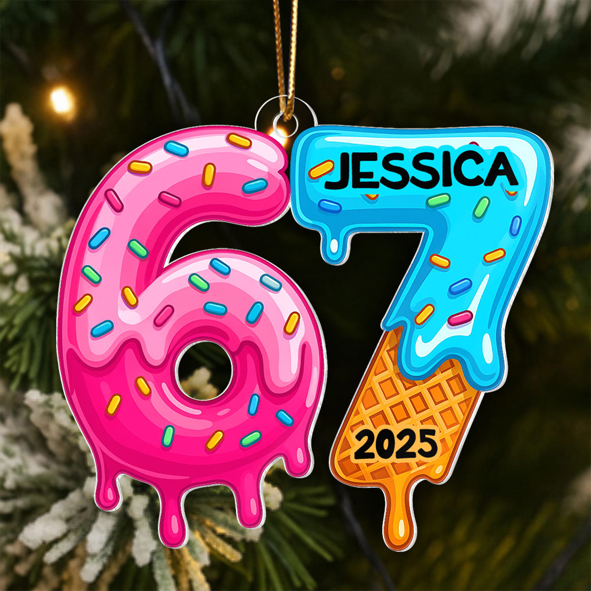 Custom Six Seven Christmas Cake Pattern - Personalized Acrylic Ornament - Teen Slang Funny Tree Decor, Funny Teen Grandkid Gift