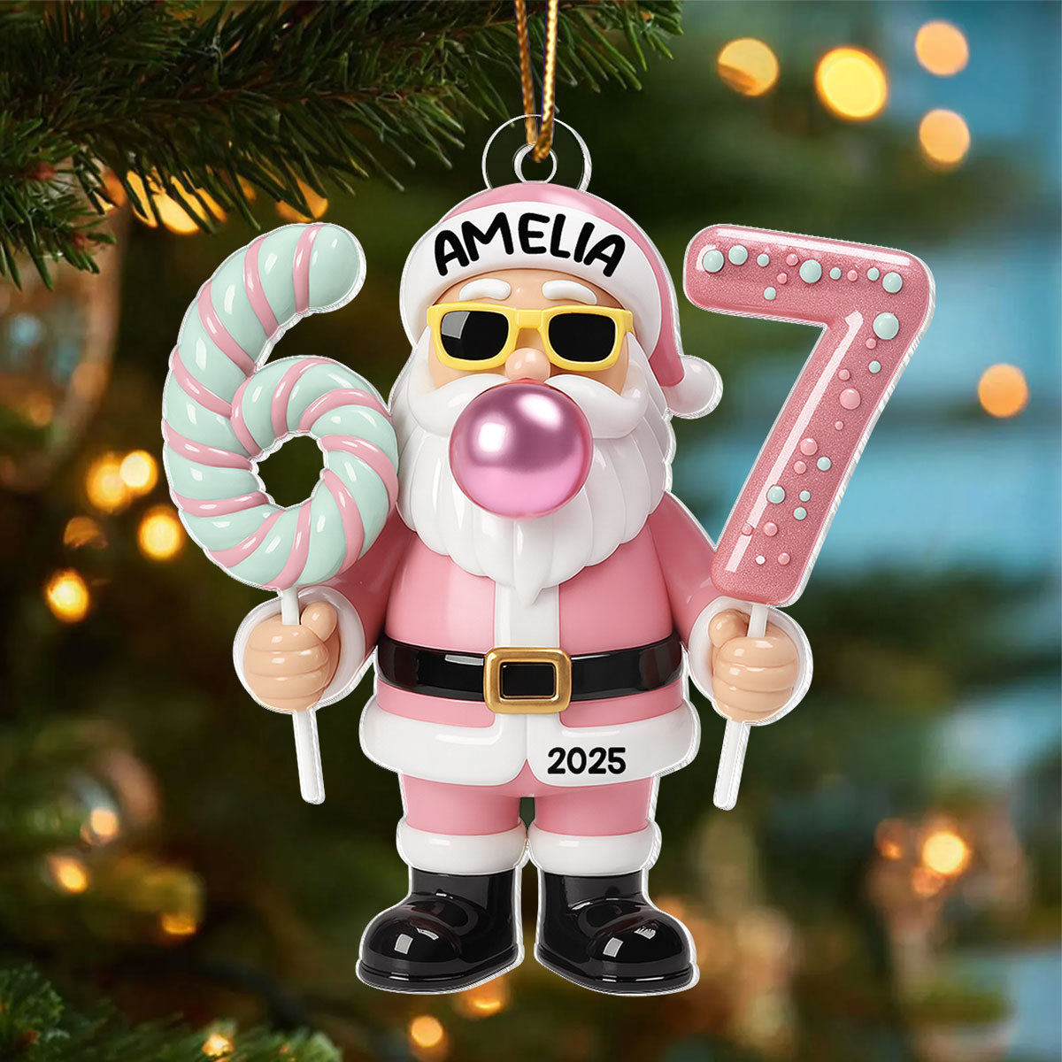 Pink Santa Six Seven - Personalized Acrylic Ornament - Christmas Gift for Kid, Grandkids