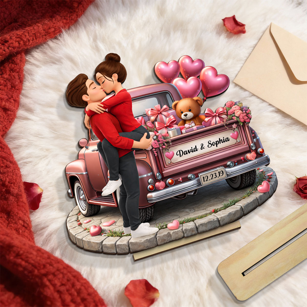 Valentine Truck Couple Kissing - Personalized 2-Layered Wooden Plaque - Anniversary, Valentine's Day Gift, Gift For Him, Gift For Her